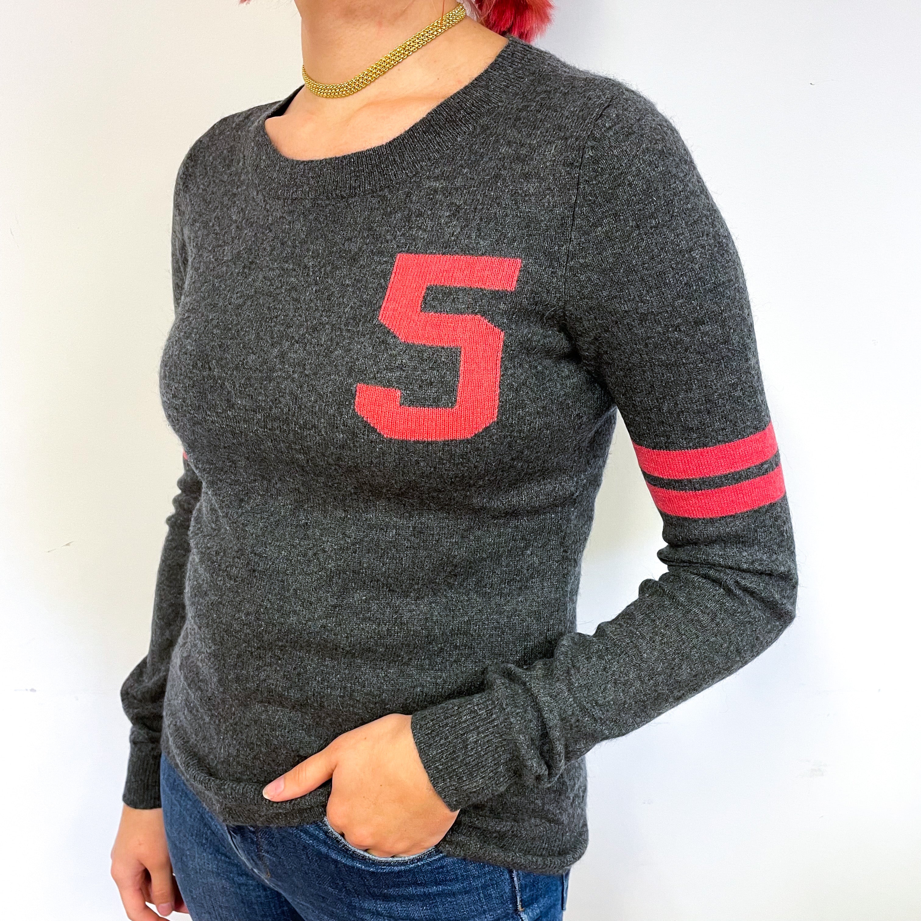 Slate Grey Coral Detail Cashmere Crew Neck Jumper Small