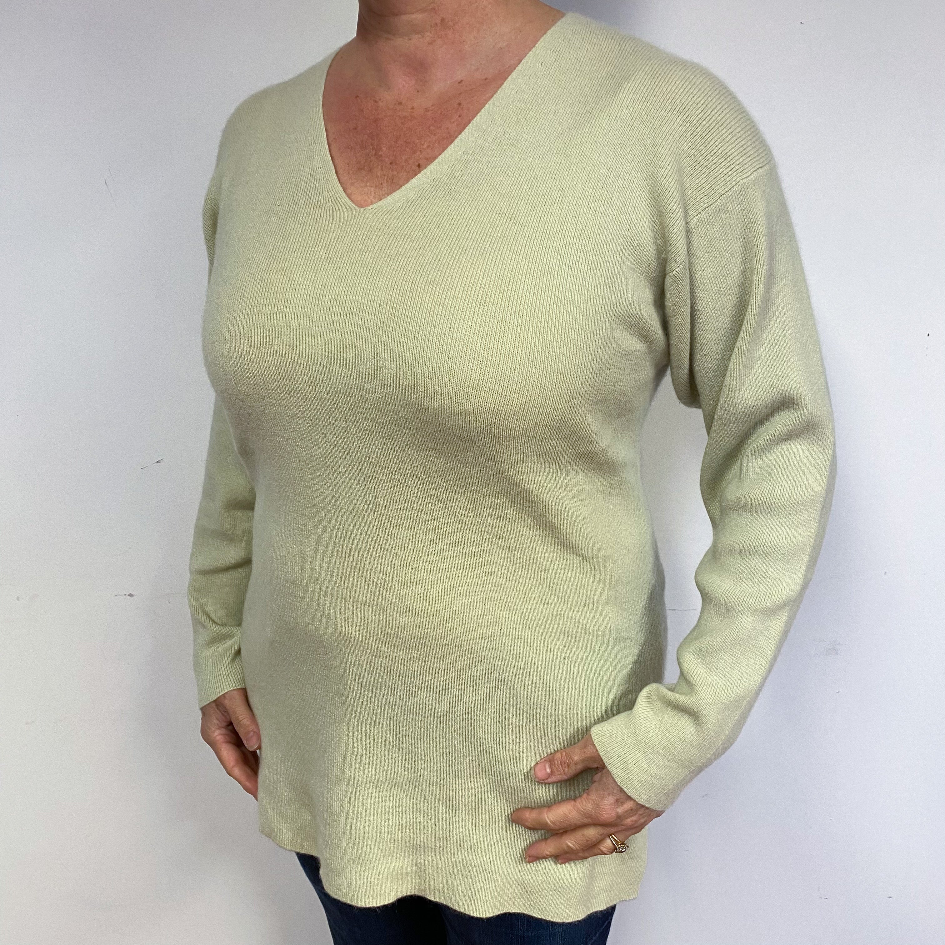 Celery Green Cashmere V-Neck Jumper Large