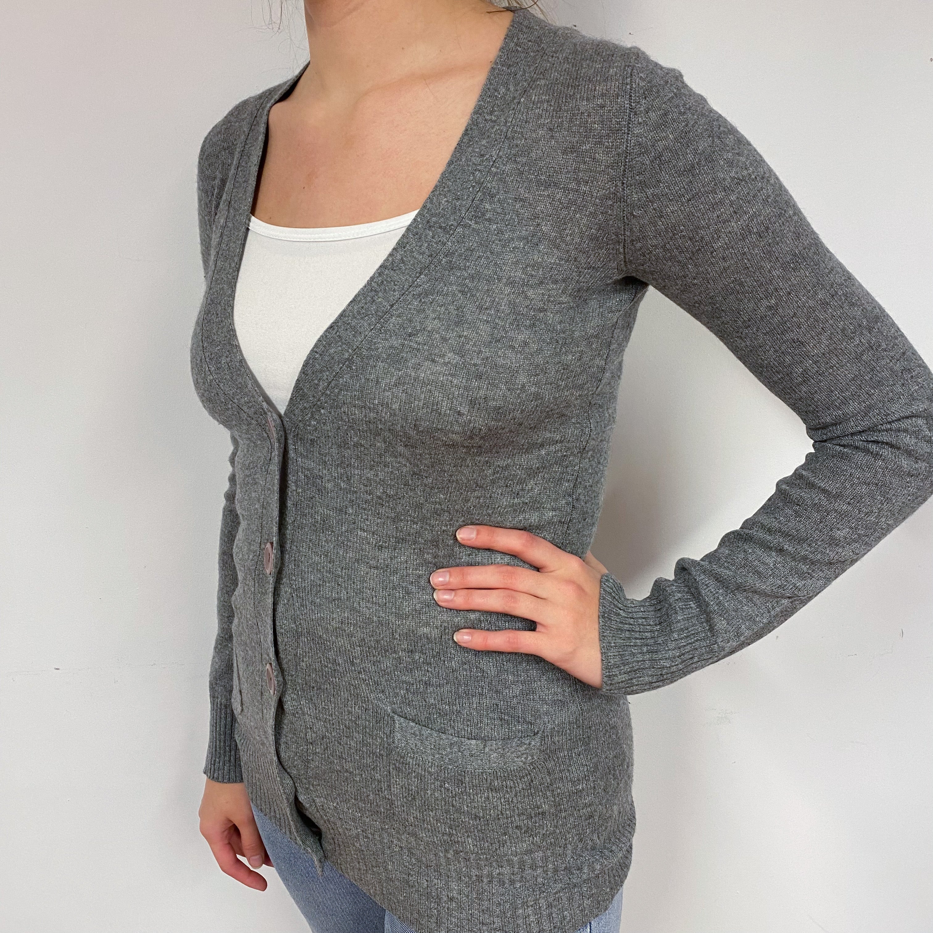 Steel Grey Long Cashmere V-Neck Cardigan Small
