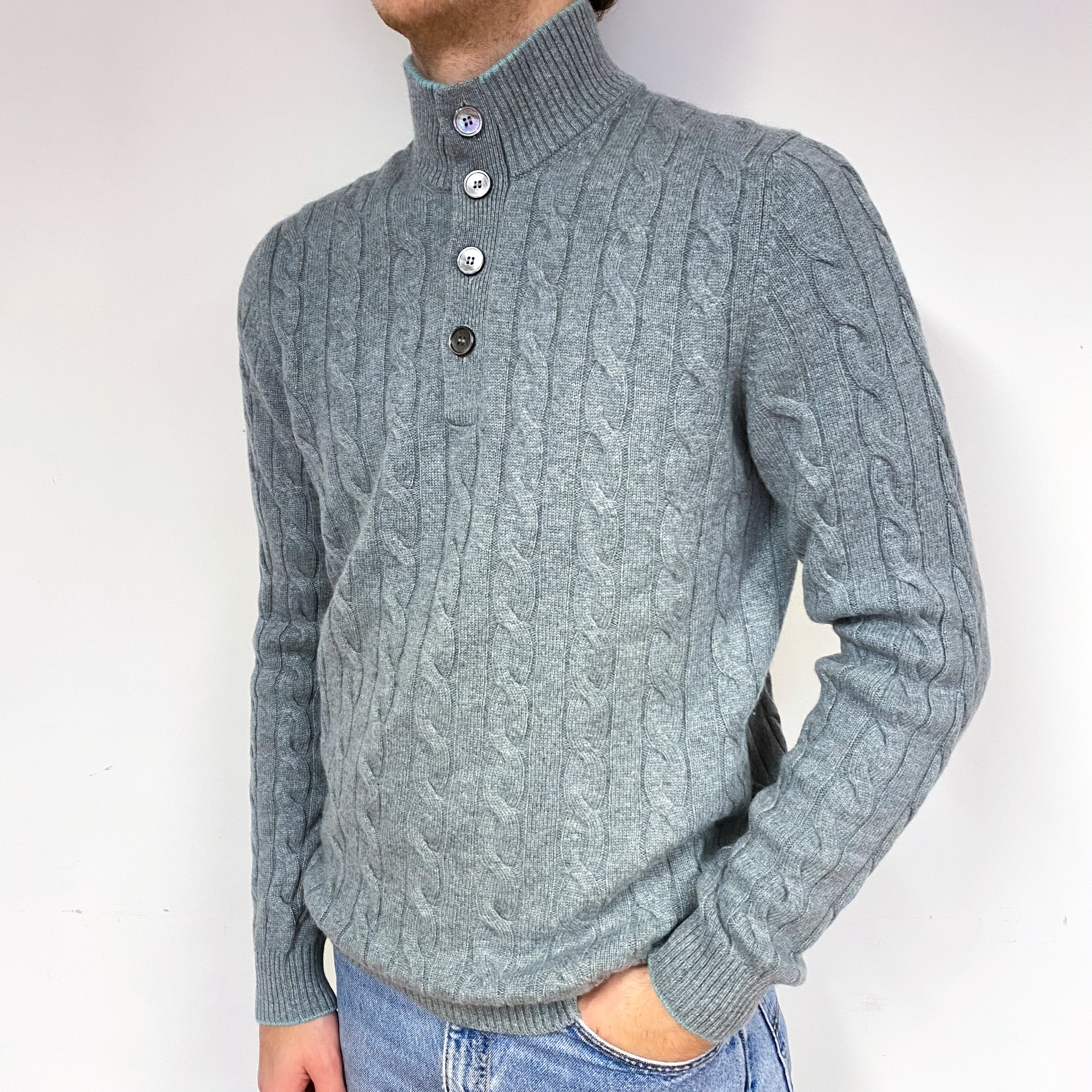 Men's Italian Green Grey Cashmere 1/4 Button Jumper Large