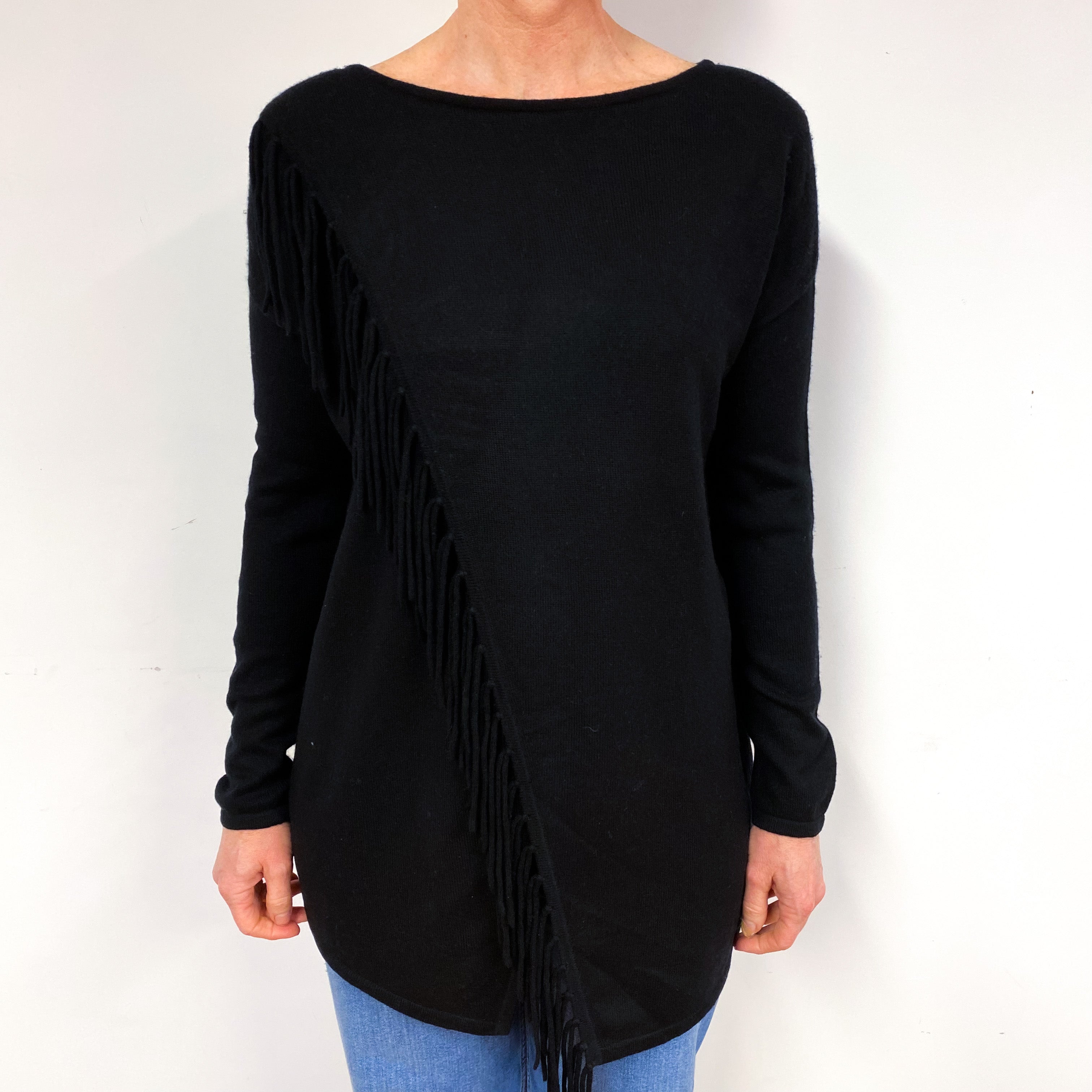 Black Fringed Open Front Cashmere Crew Neck Tunic Medium