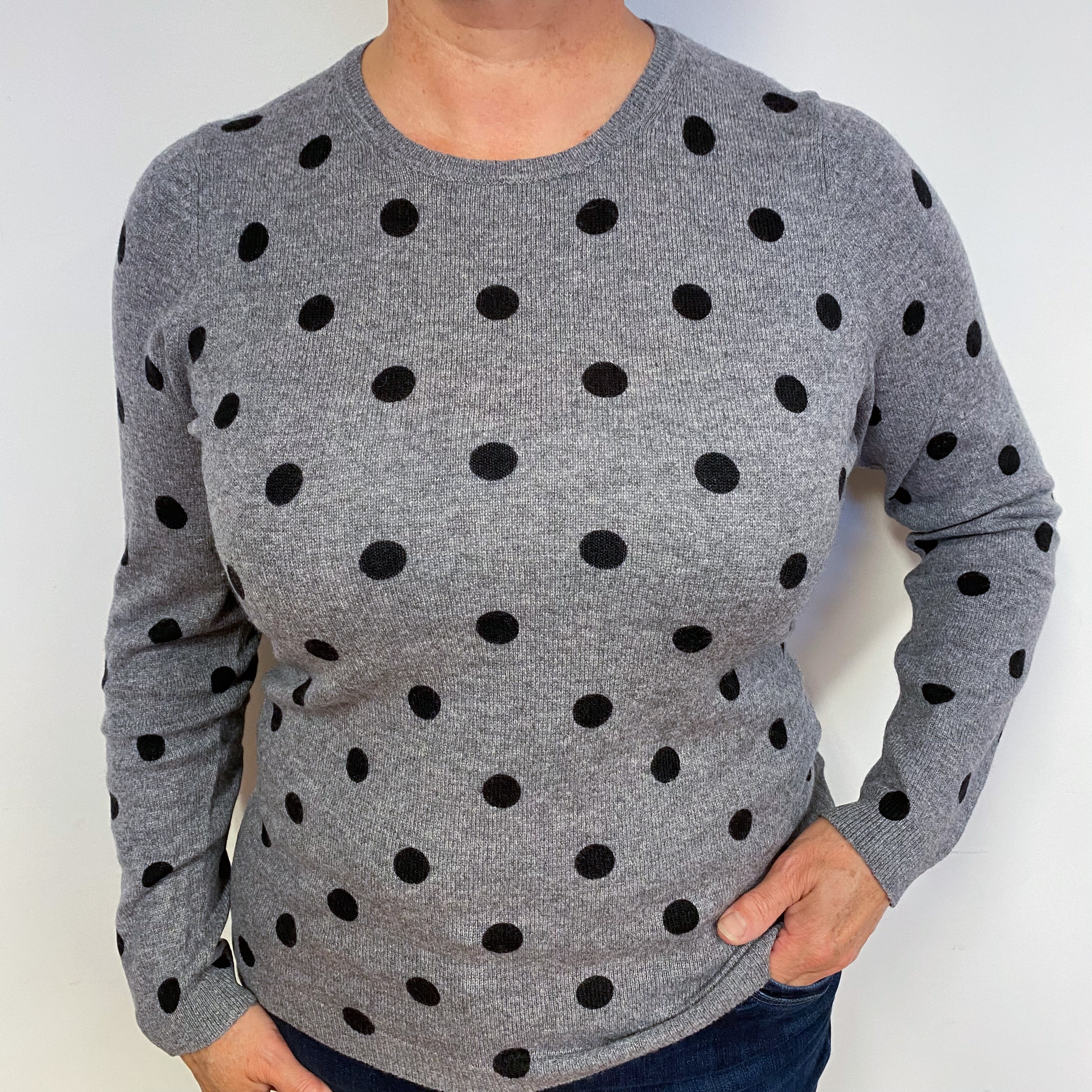 Lightweight Grey Polka Dot Cashmere Crew Neck Jumper