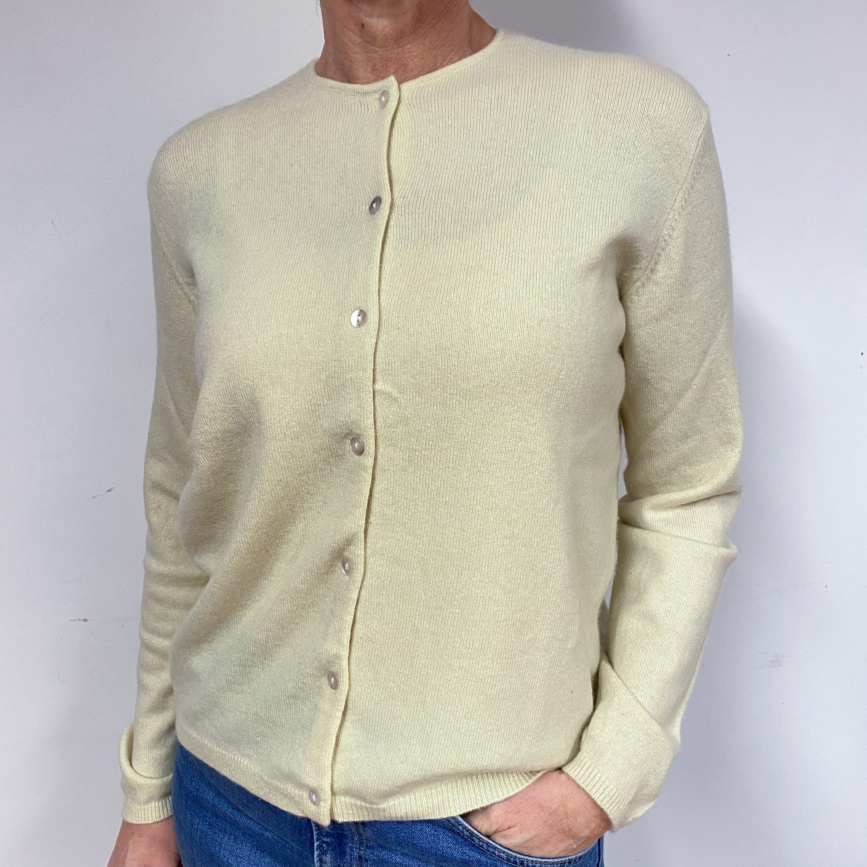 Pale Primrose Yellow Cashmere Crew Neck Cardigan Medium