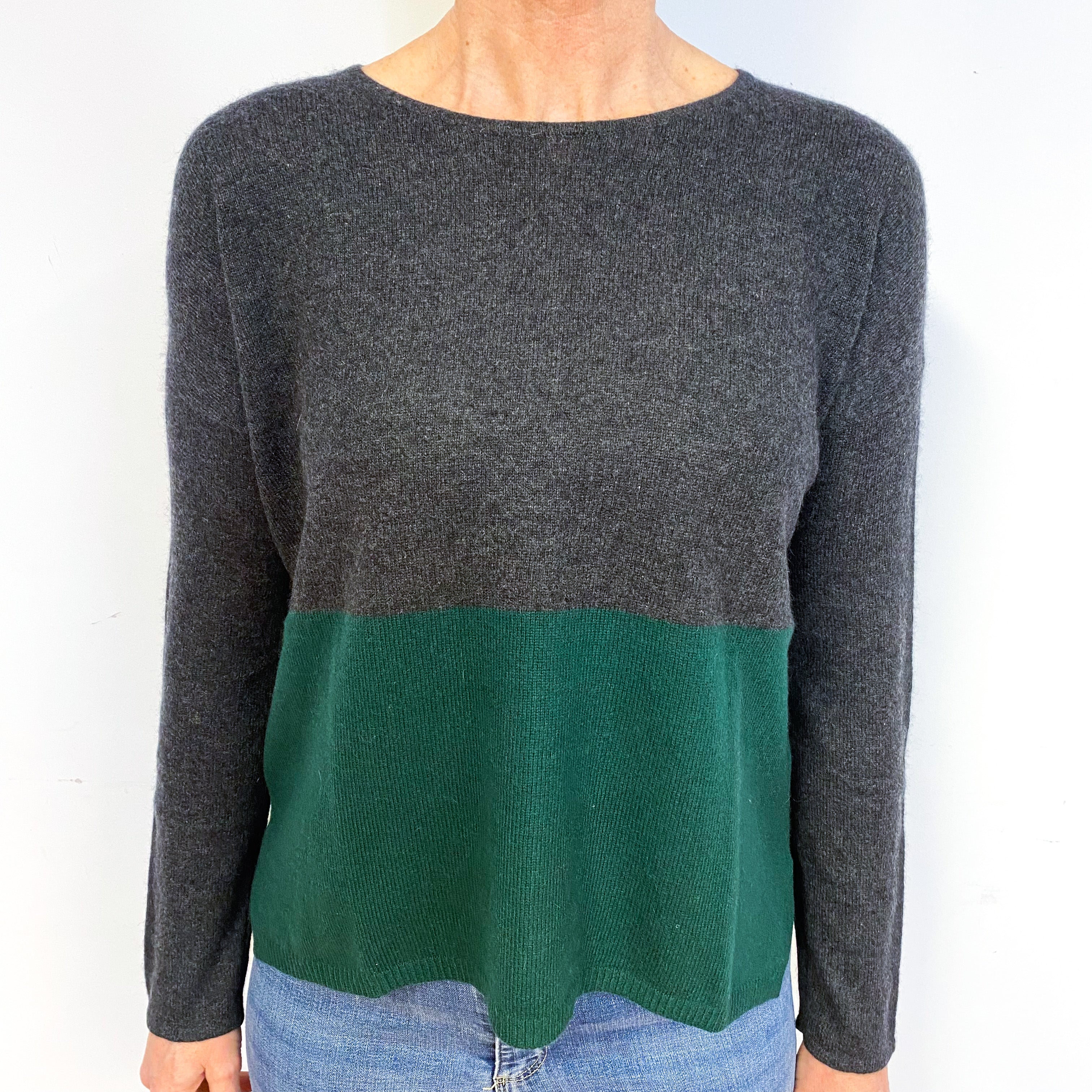 Grey and Green Boxy Cashmere Crew Neck Jumper Medium