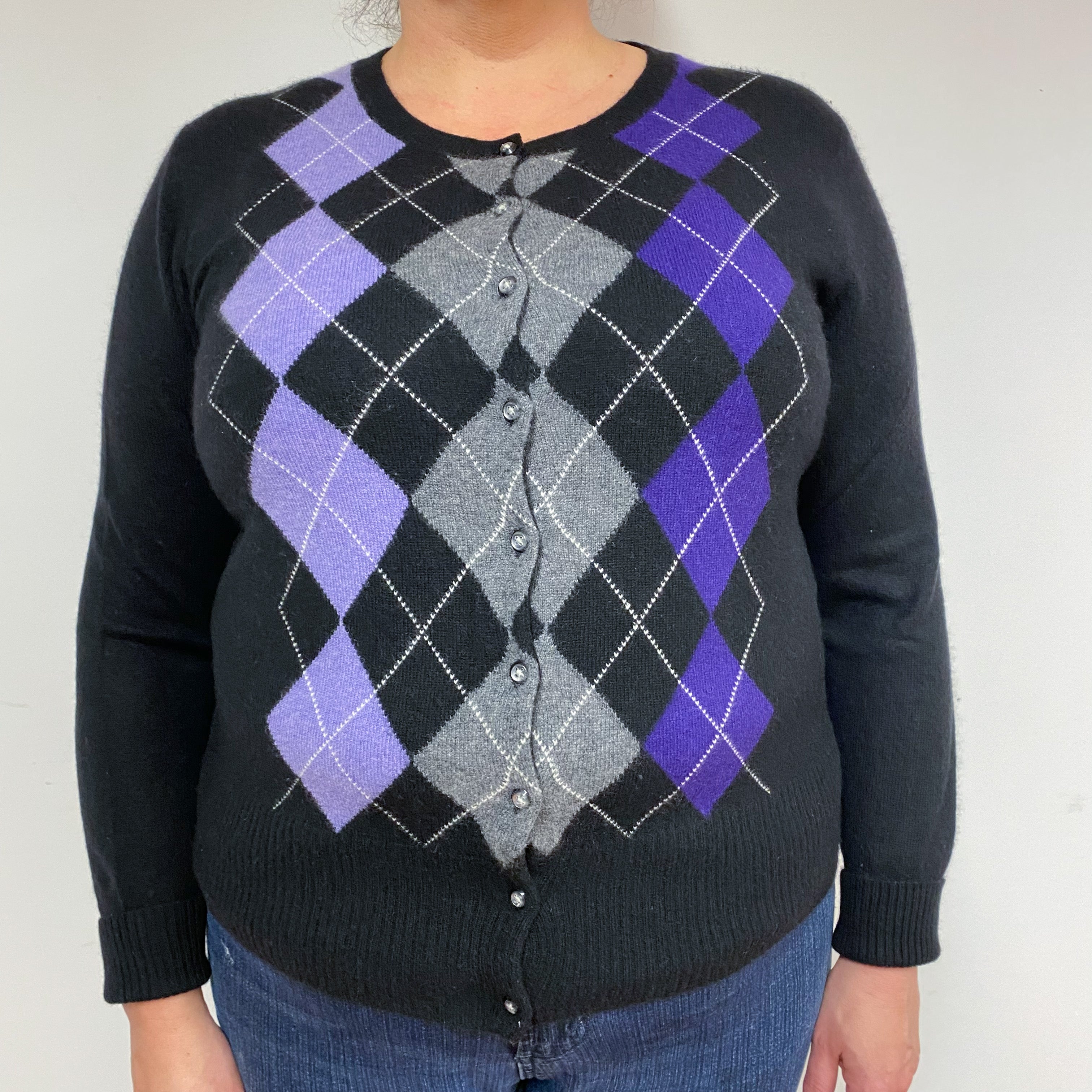 Black Purple Grey Cashmere Crew Neck Cardigan X Large