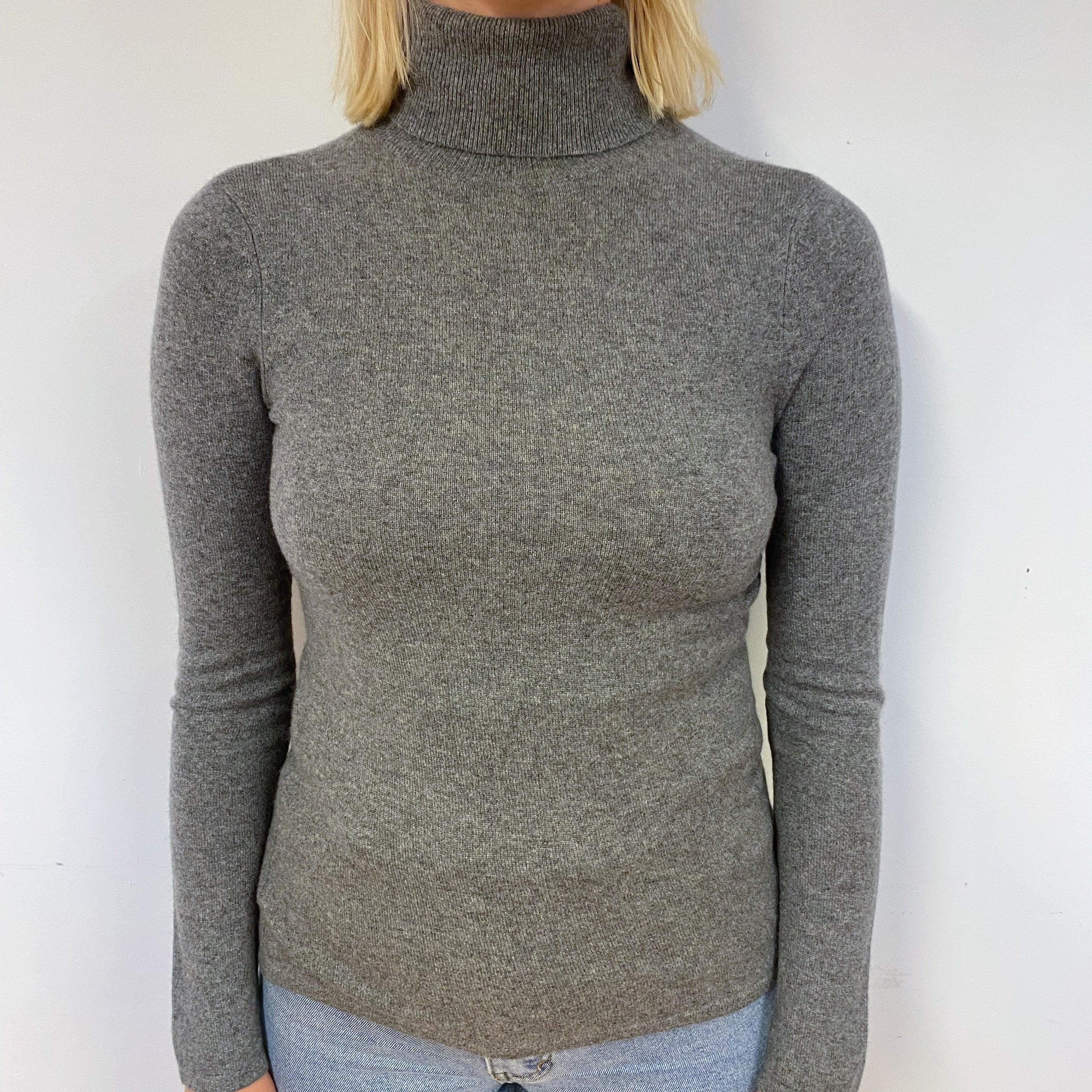 Steel Grey Cashmere Polo Neck Jumper Small