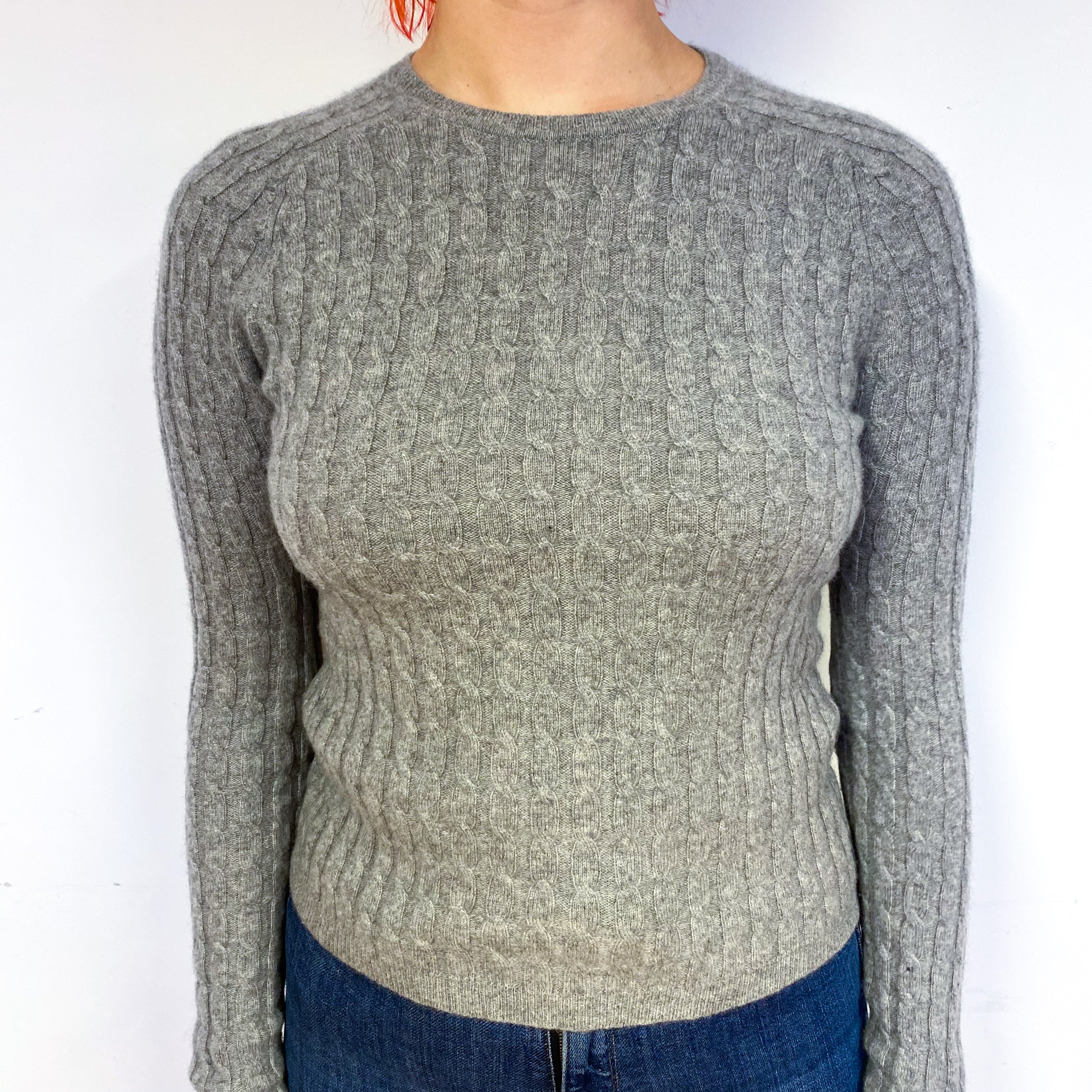 Steel Grey Cable Cashmere Crew Neck Jumper Small