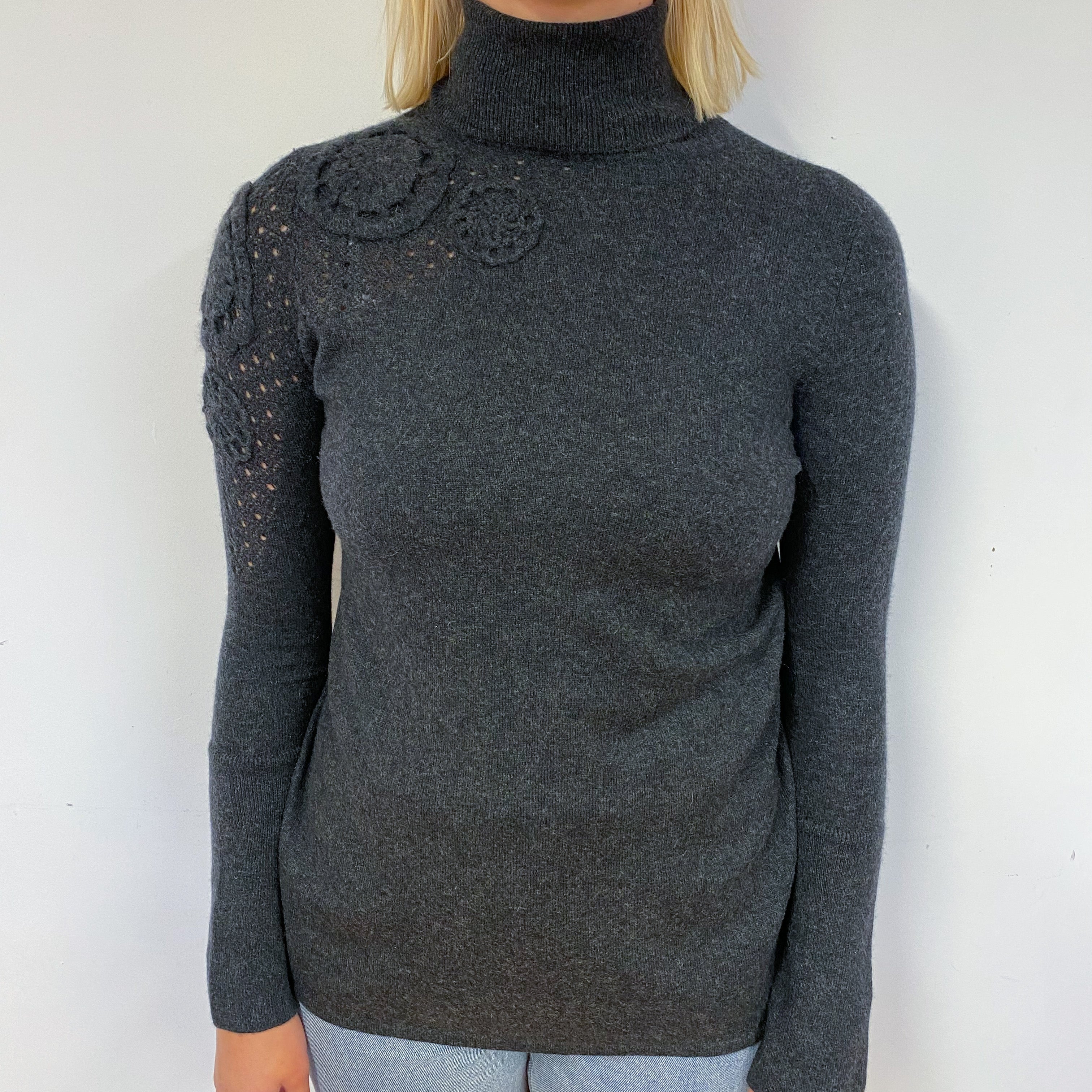 Charcoal Grey Cashmere Polo Neck Jumper Small