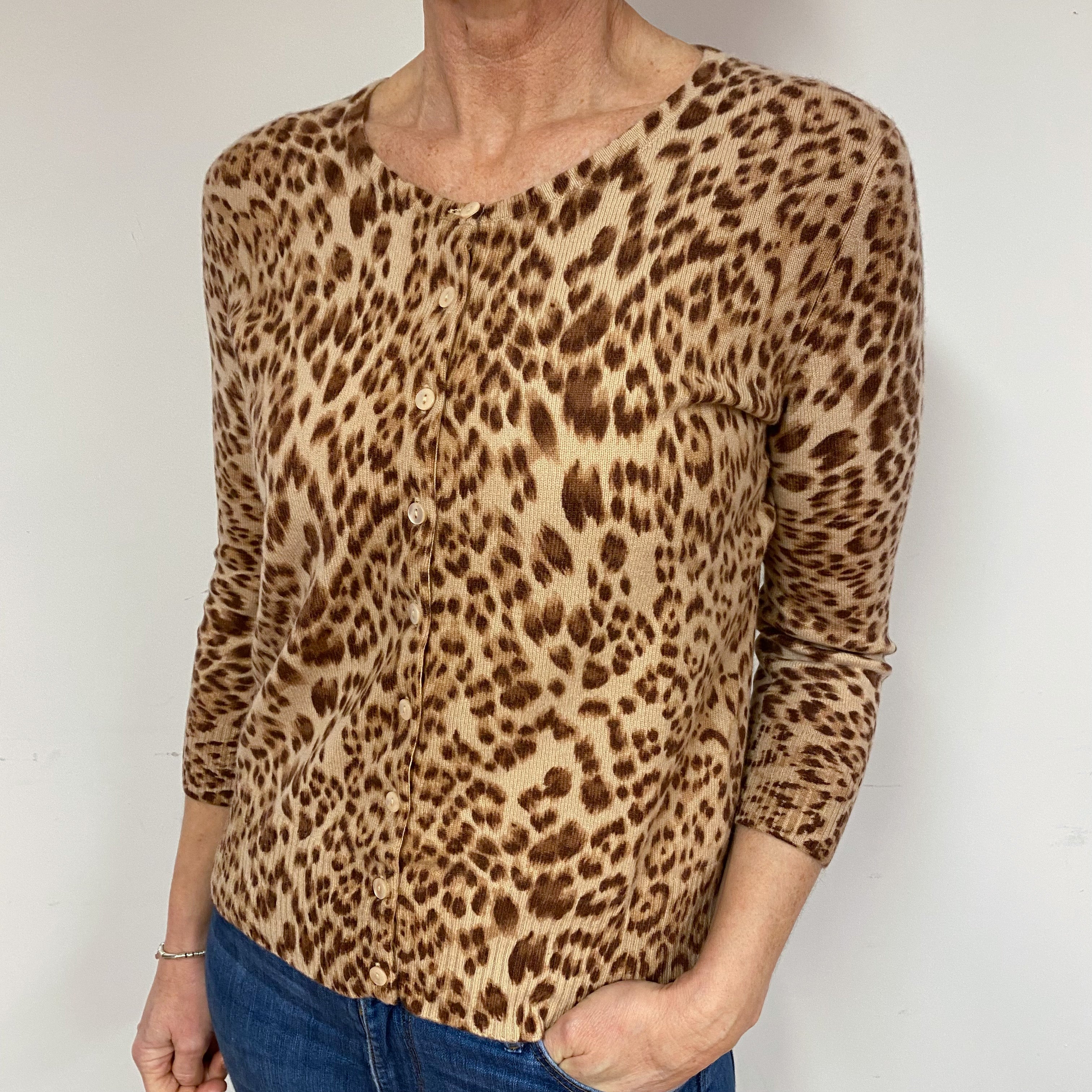 Leopard Print Cashmere Crew Neck Cardigan Medium