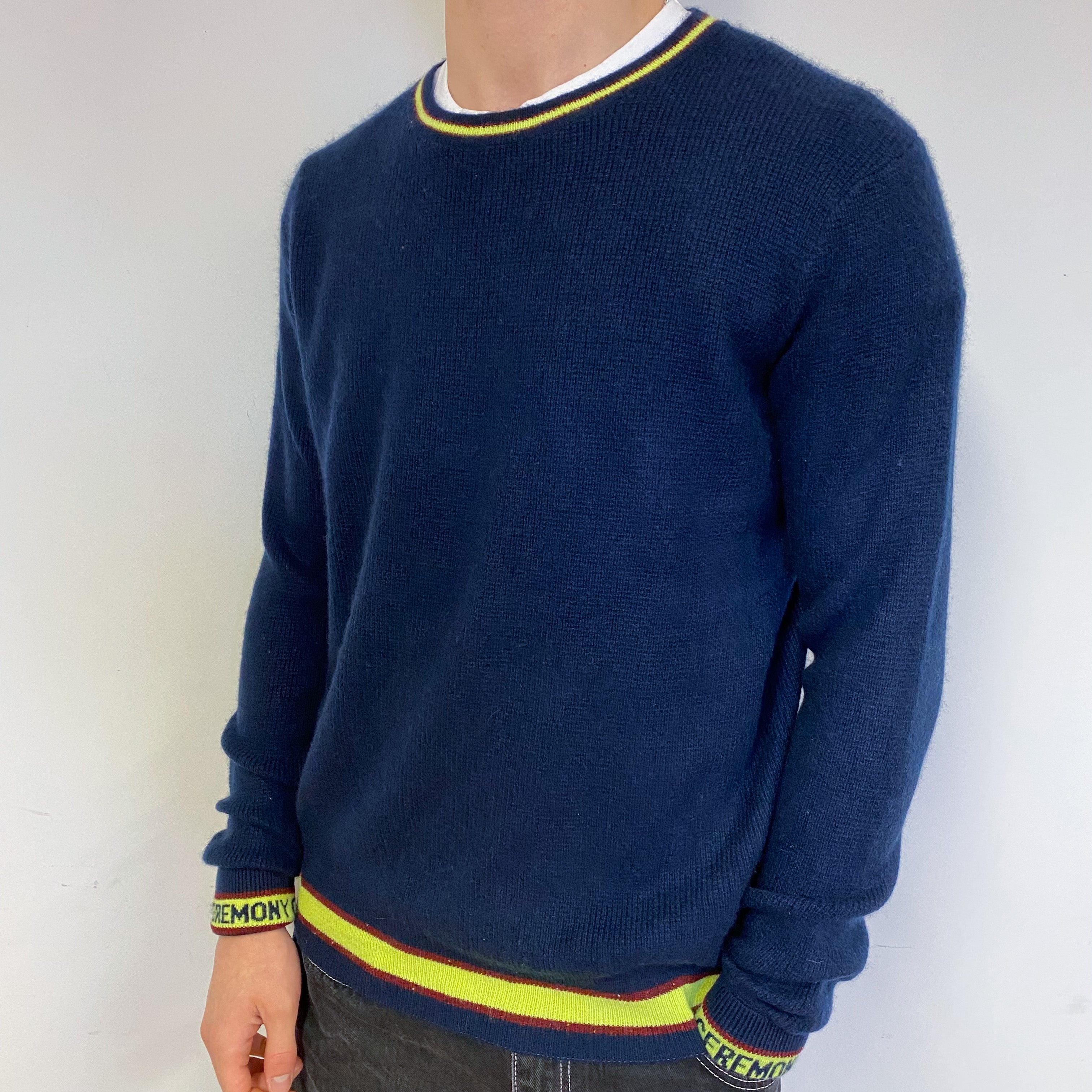 Men's Navy and Yellow Cashmere Crew Neck Jumper Medium
