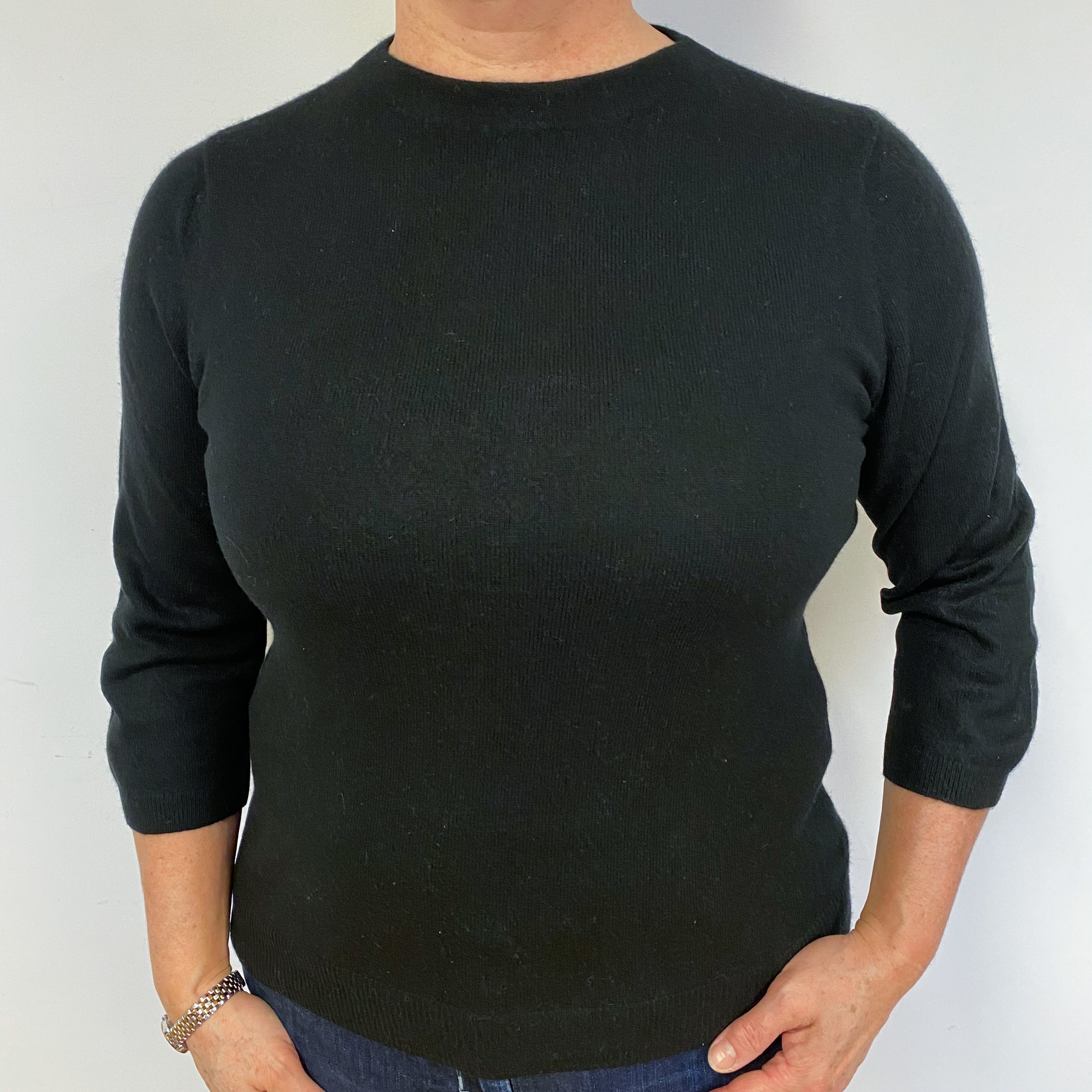 Black 3/4 length Sleeves Cashmere Crew Neck Jumper Large
