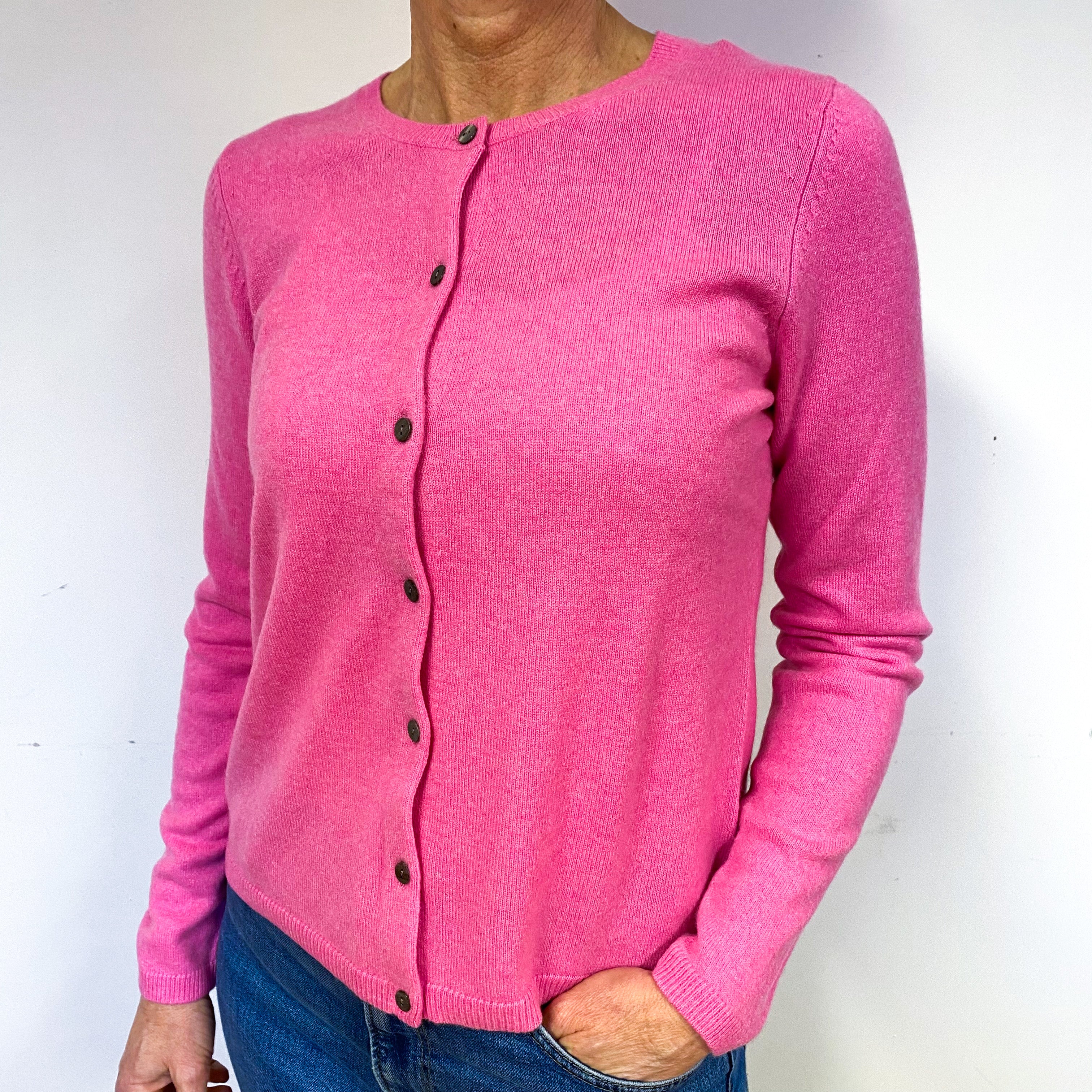 New Bright Pink Cashmere Crew Neck Cardigan Medium