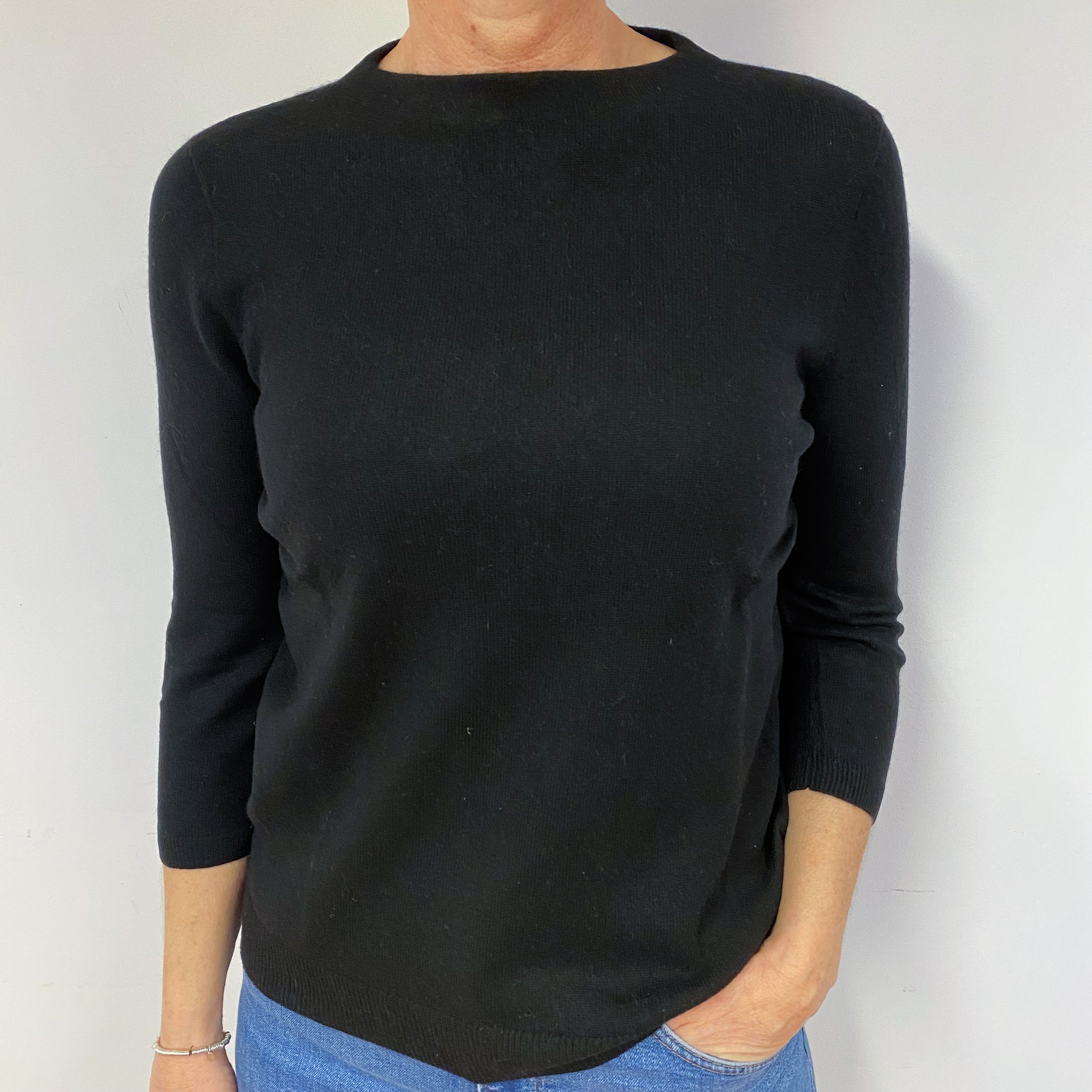 Black 3/4 Sleeve Cashmere Crew Neck Jumper Medium