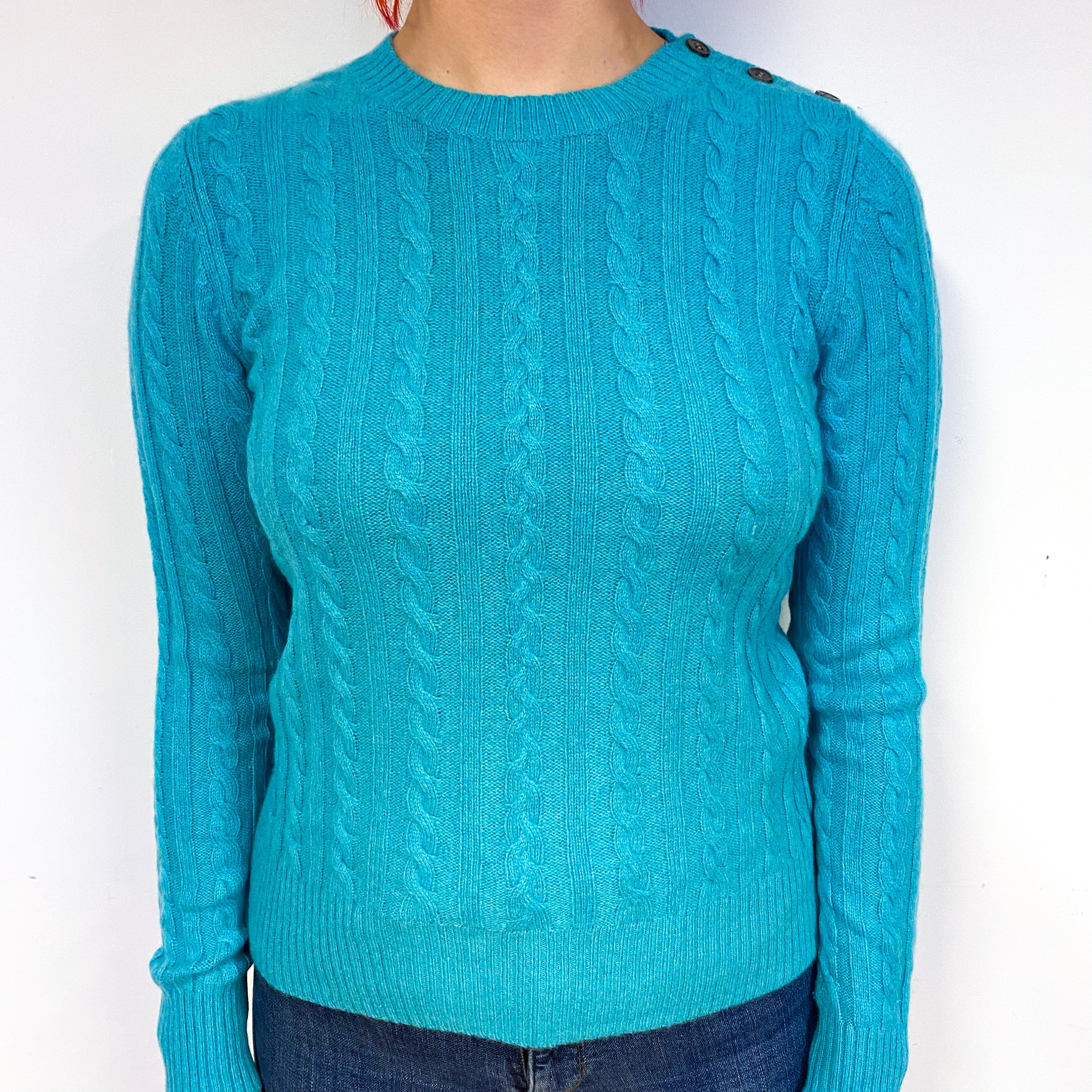 Turquoise Green Cable Cashmere Crew Neck Jumper Small