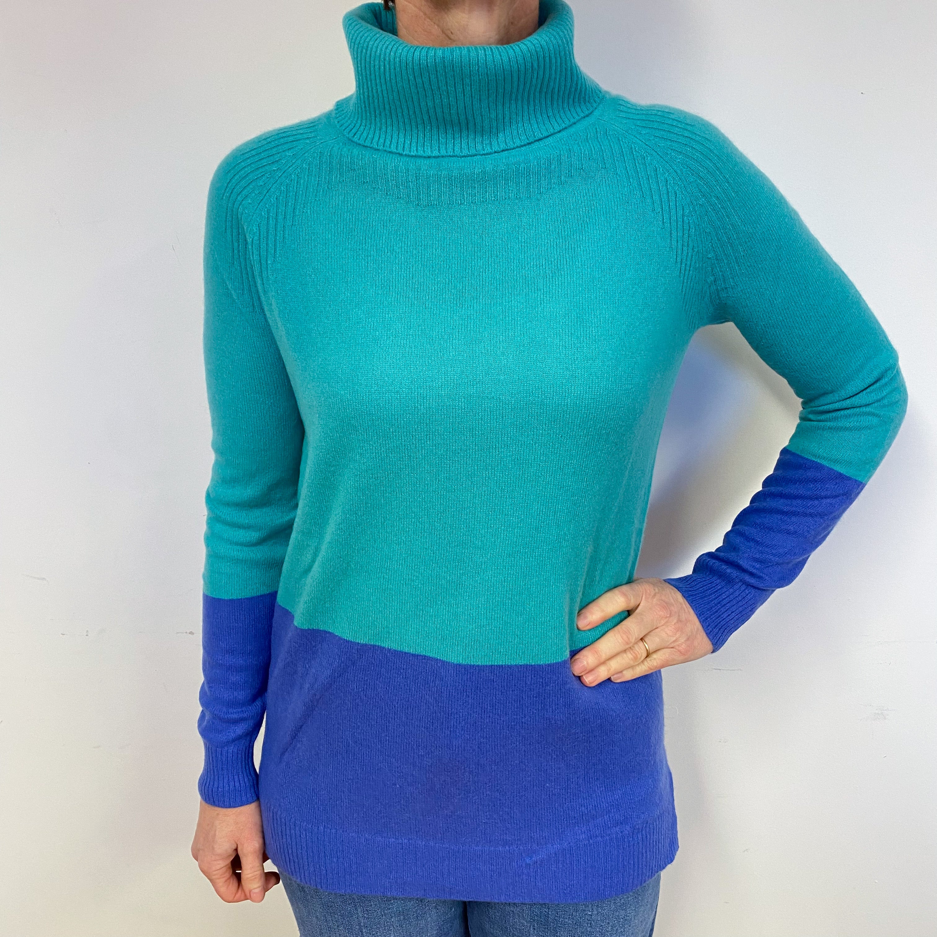 Green Blue Colour Block Cashmere Polo Neck Jumper Medium