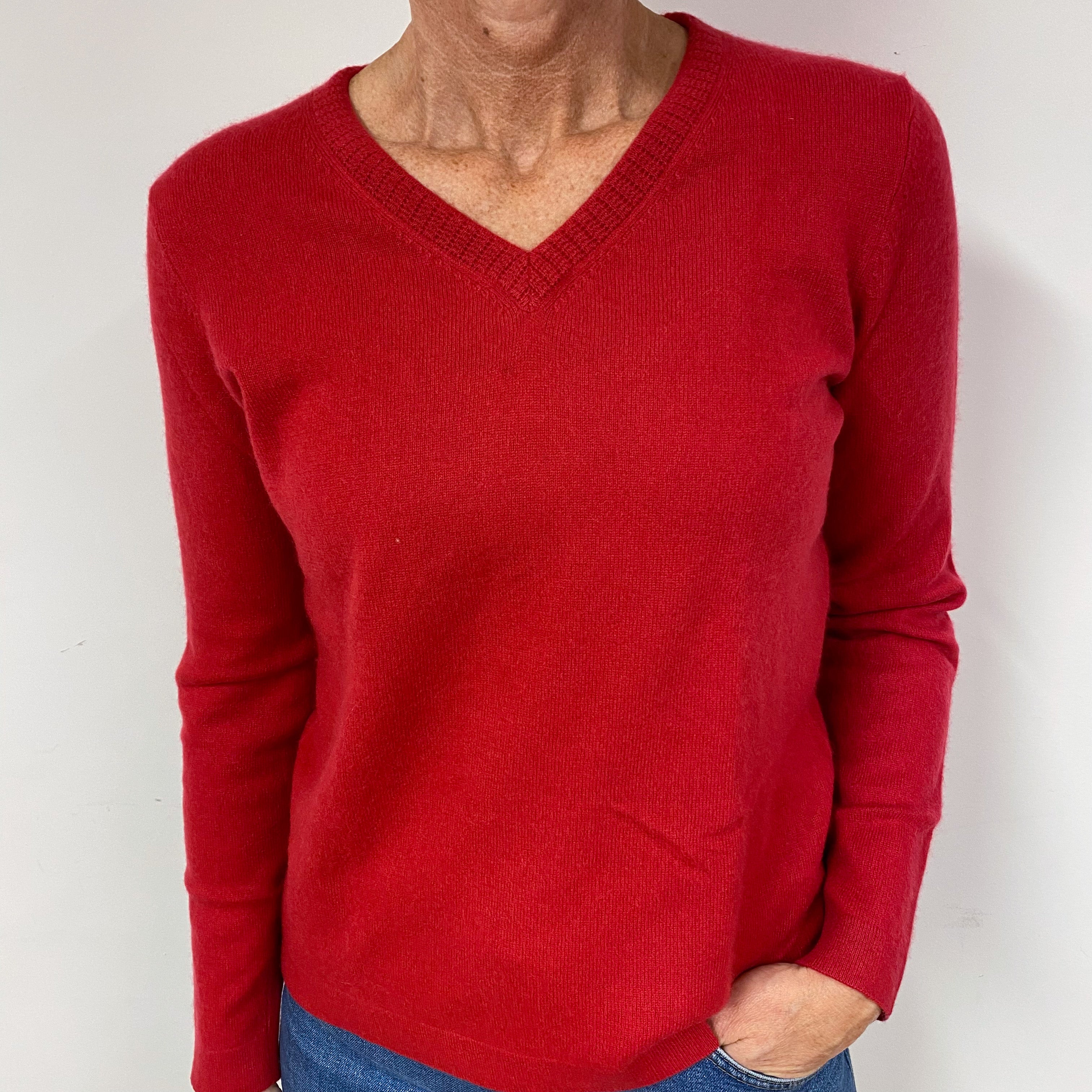 Post Box Red Cashmere V-Neck Jumper Medium
