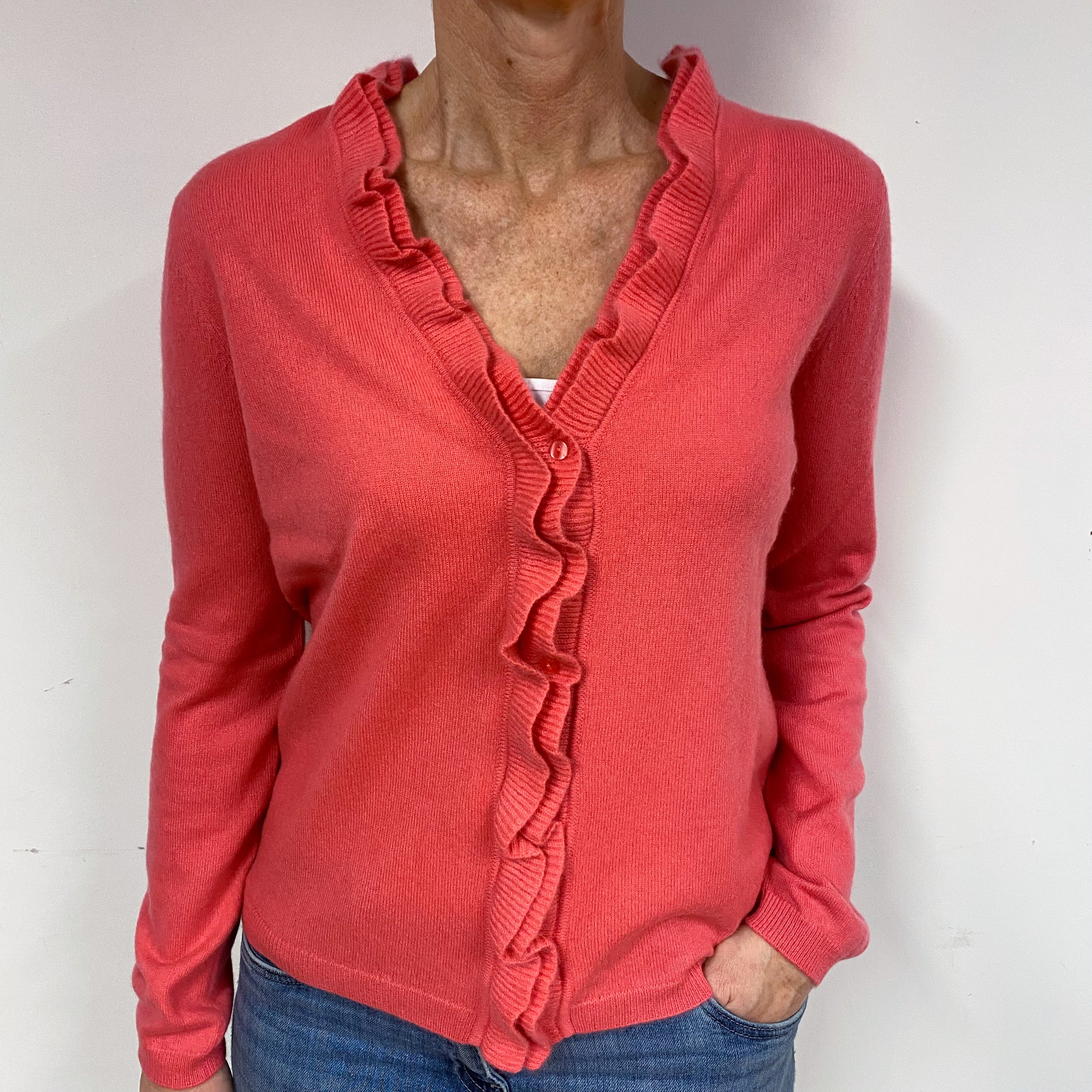 Deep Coral Pink Cashmere V-Neck Cardigan Medium