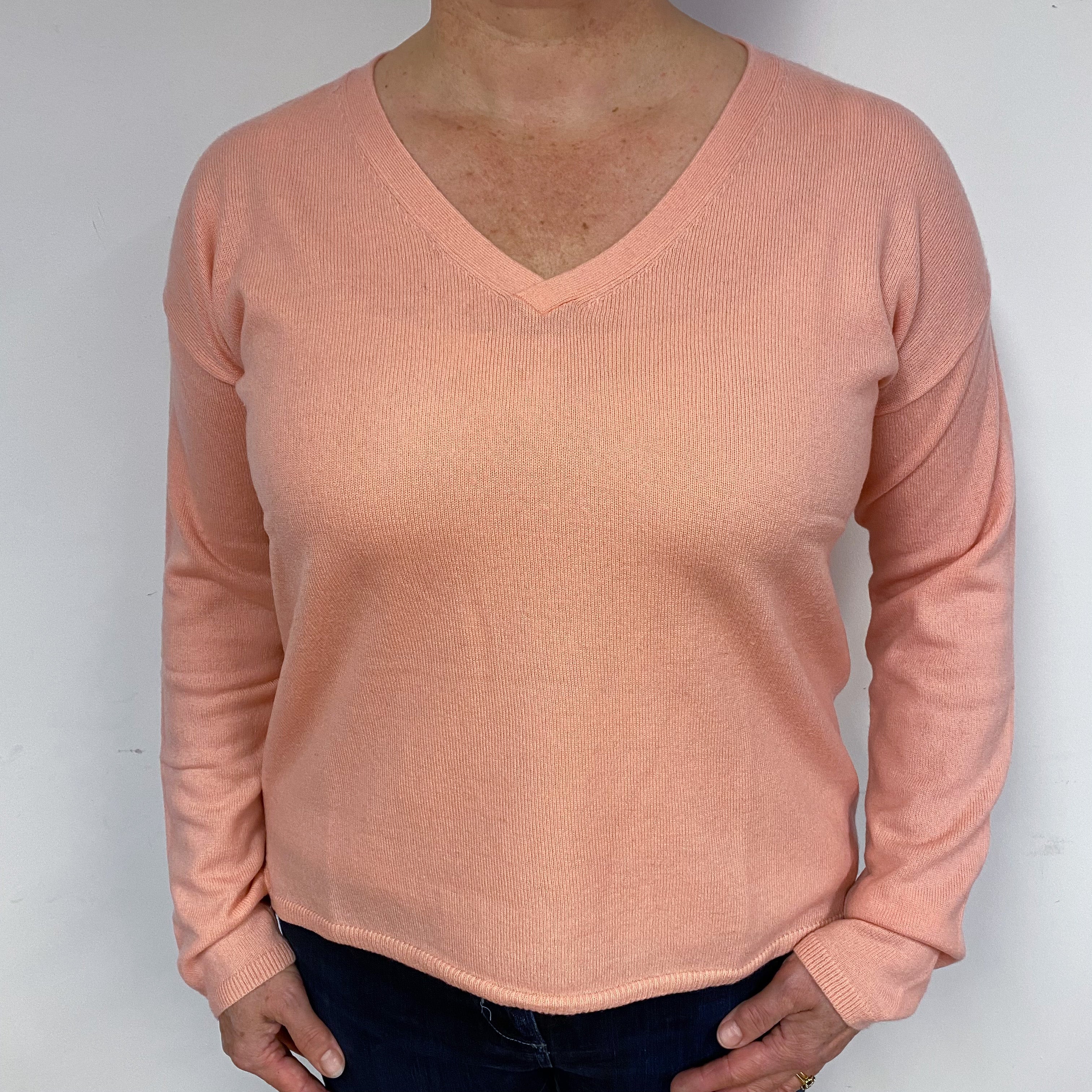 Peach Pink Cashmere V-Neck Jumper Large