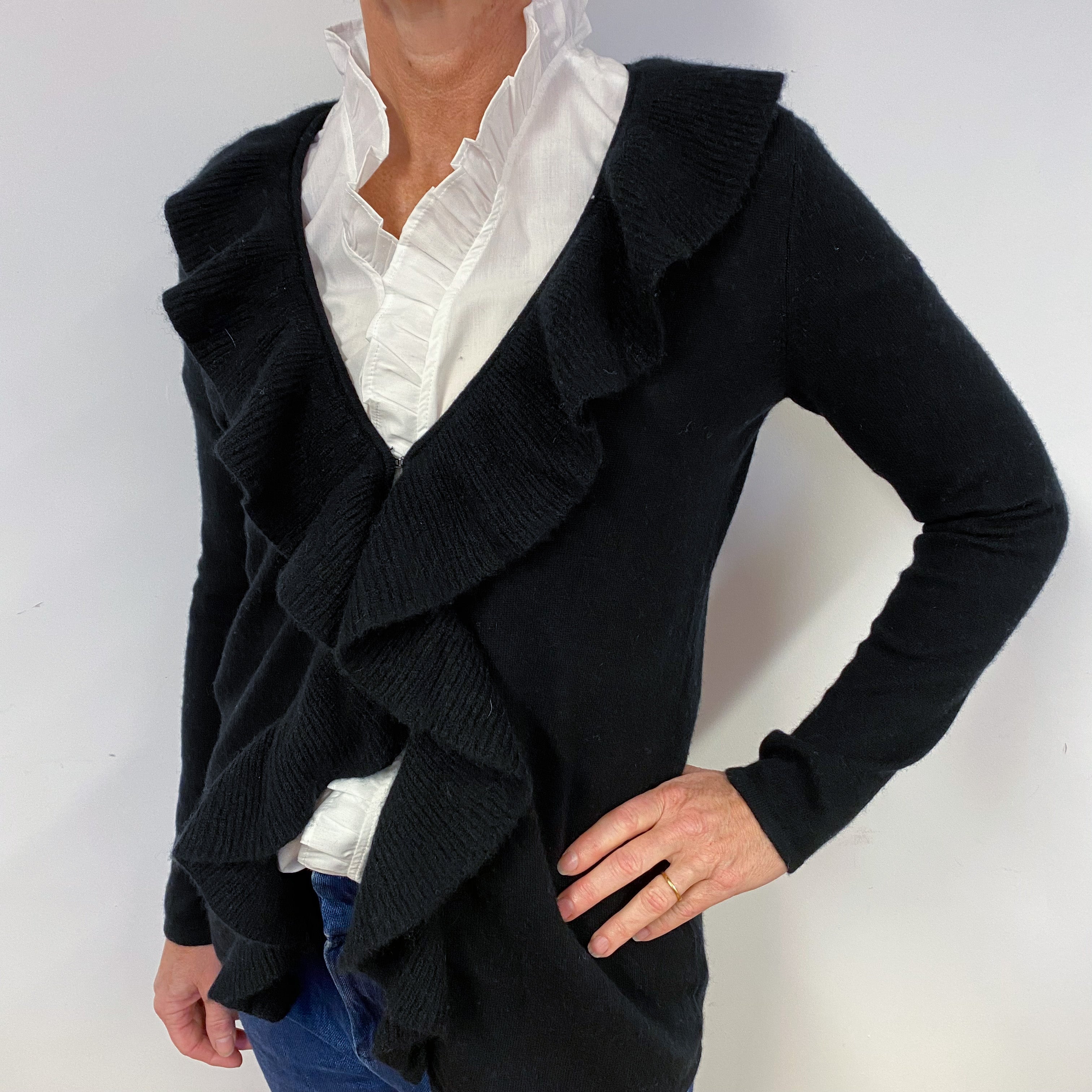 Black Cashmere Frill Trim Cardigan Medium