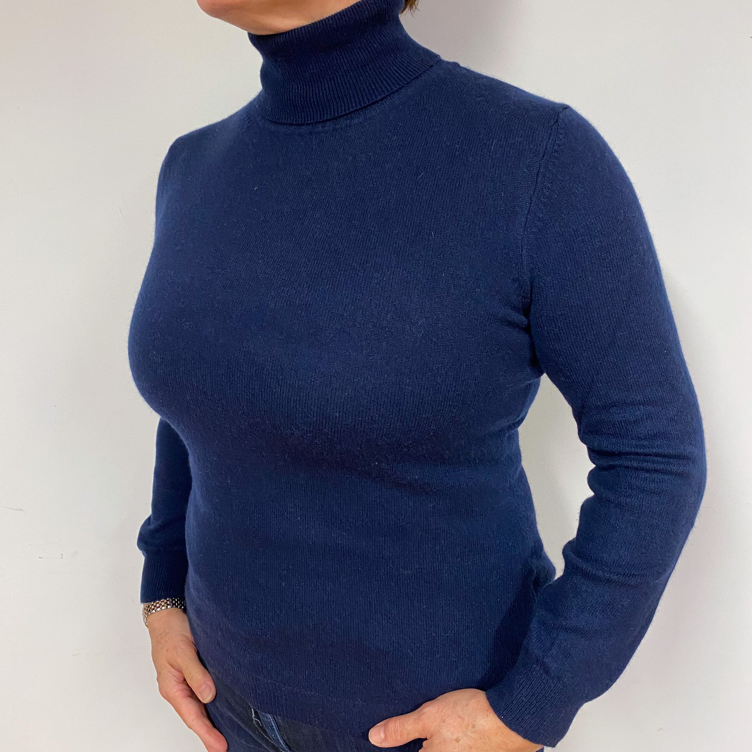 Navy Blue Cashmere Polo Neck Jumper Large