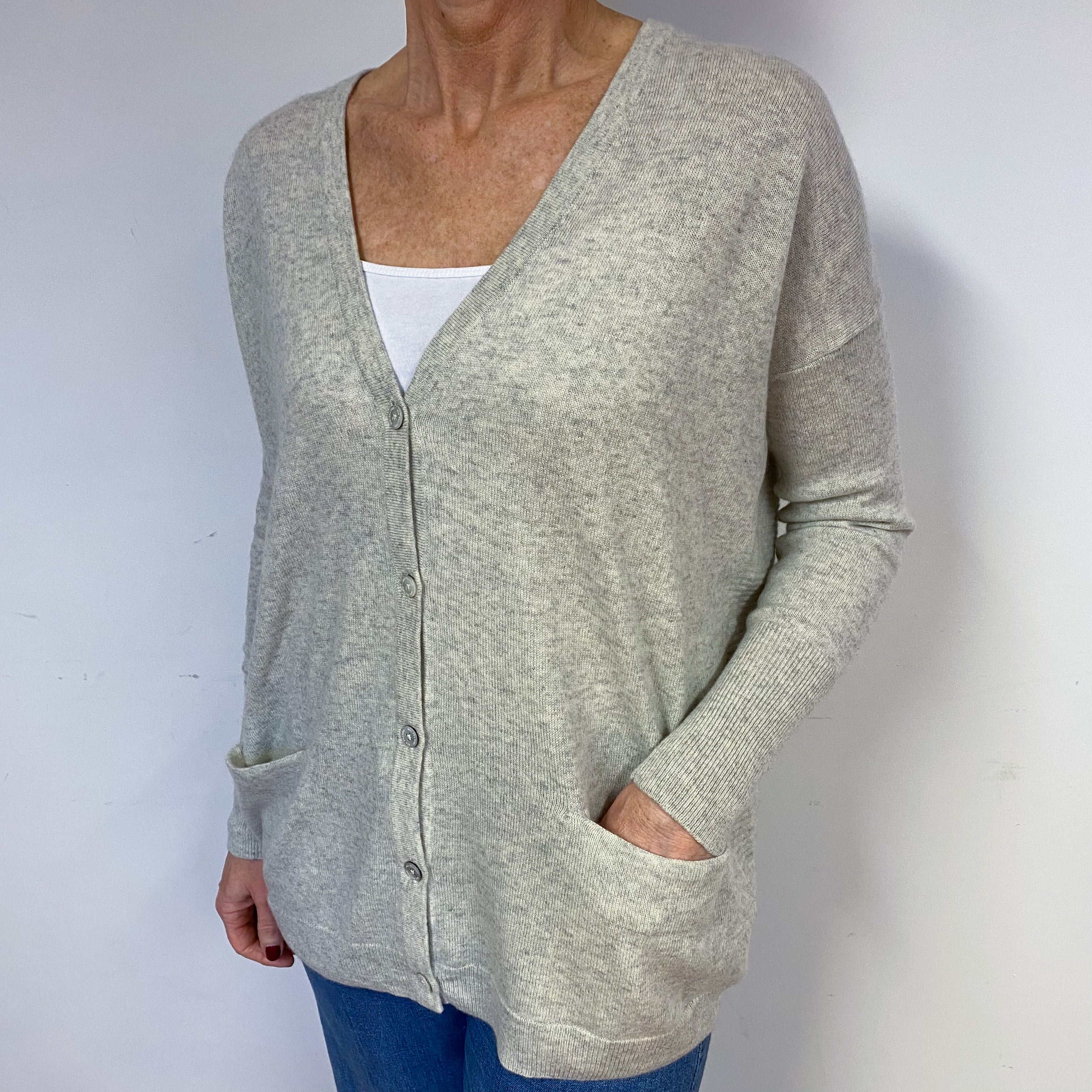 Slouchy Grey Cashmere V-Neck Cardigan Medium