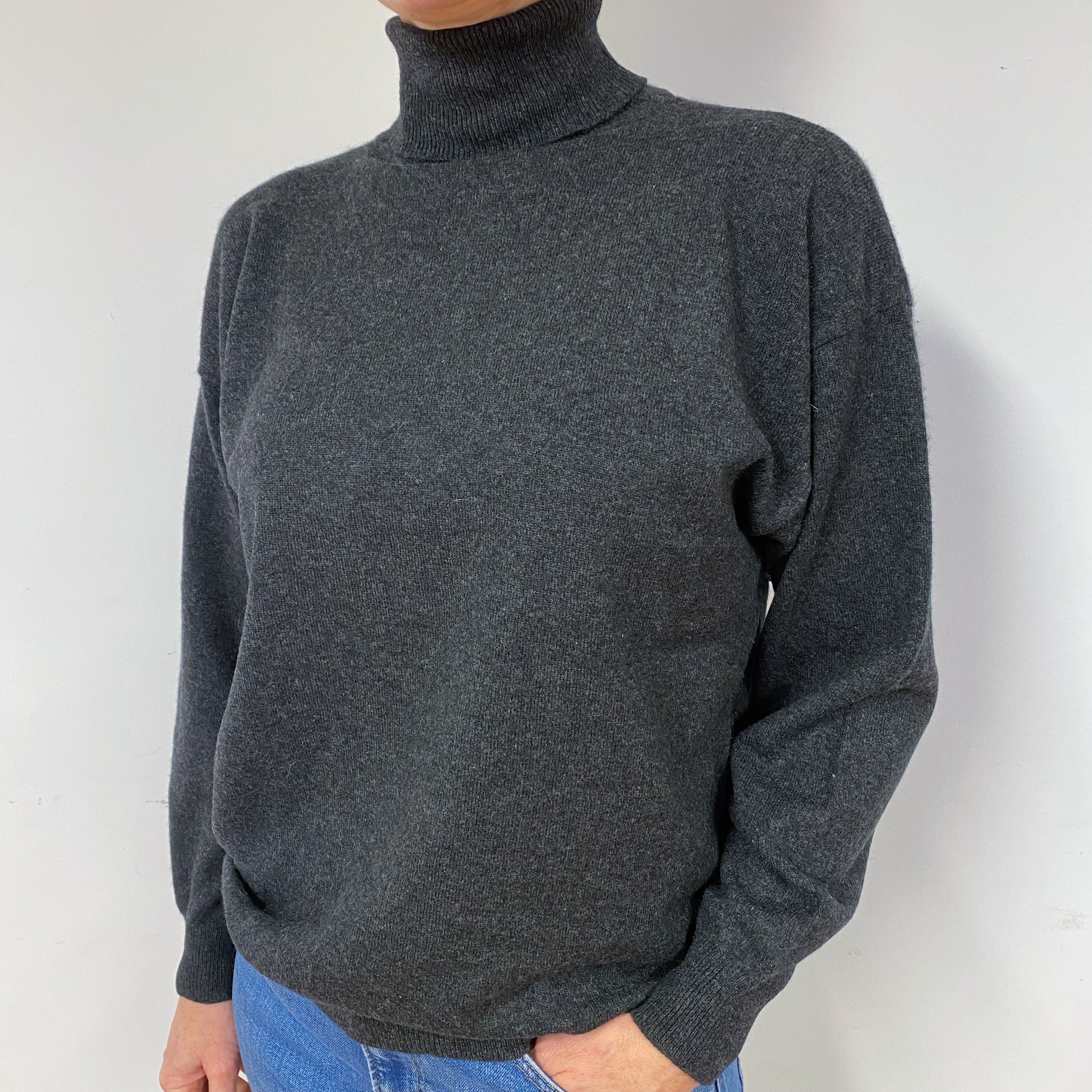 Slouchy Charcoal Grey Cashmere Polo Neck Jumper Medium