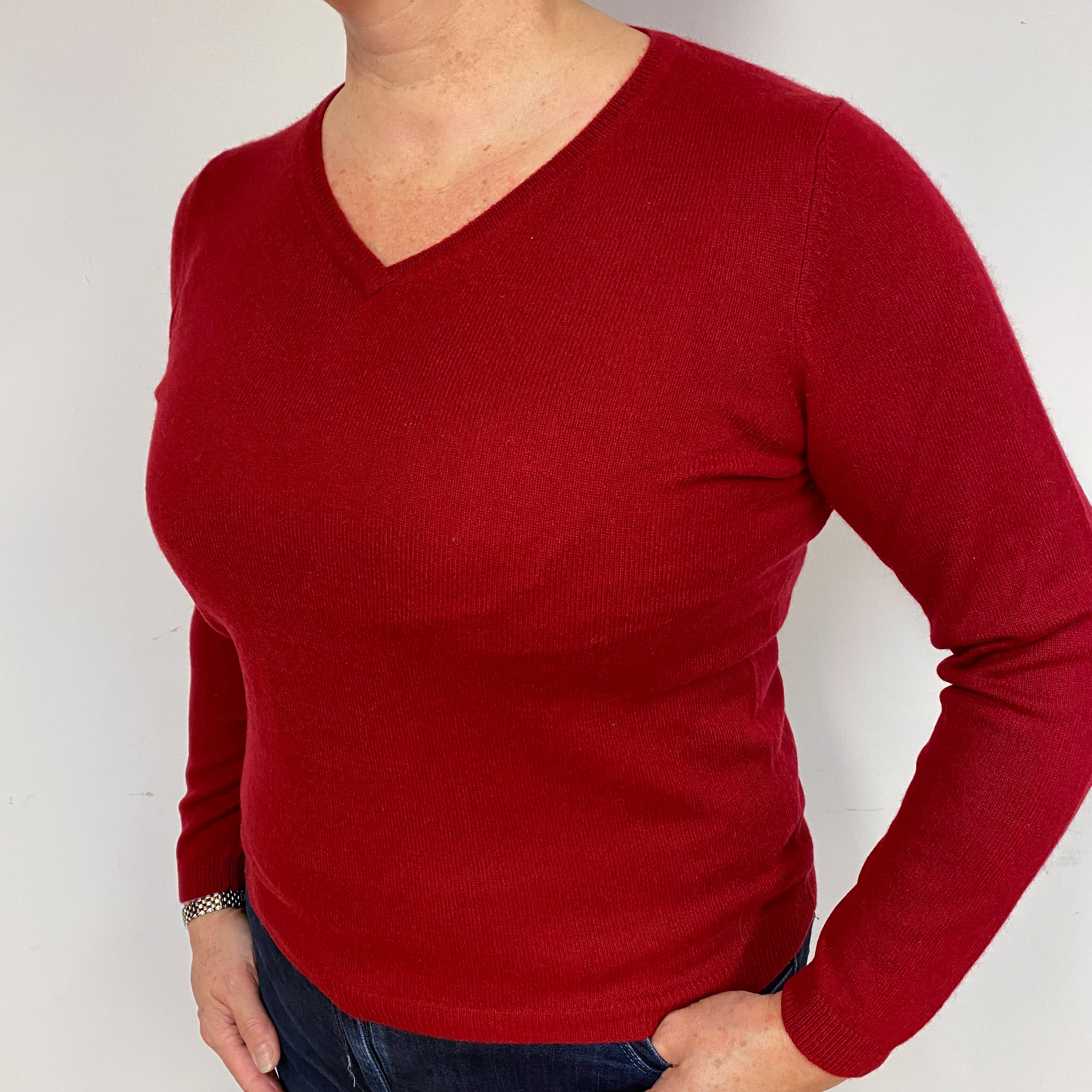 Crimson Red Cashmere V-Neck Jumper Large