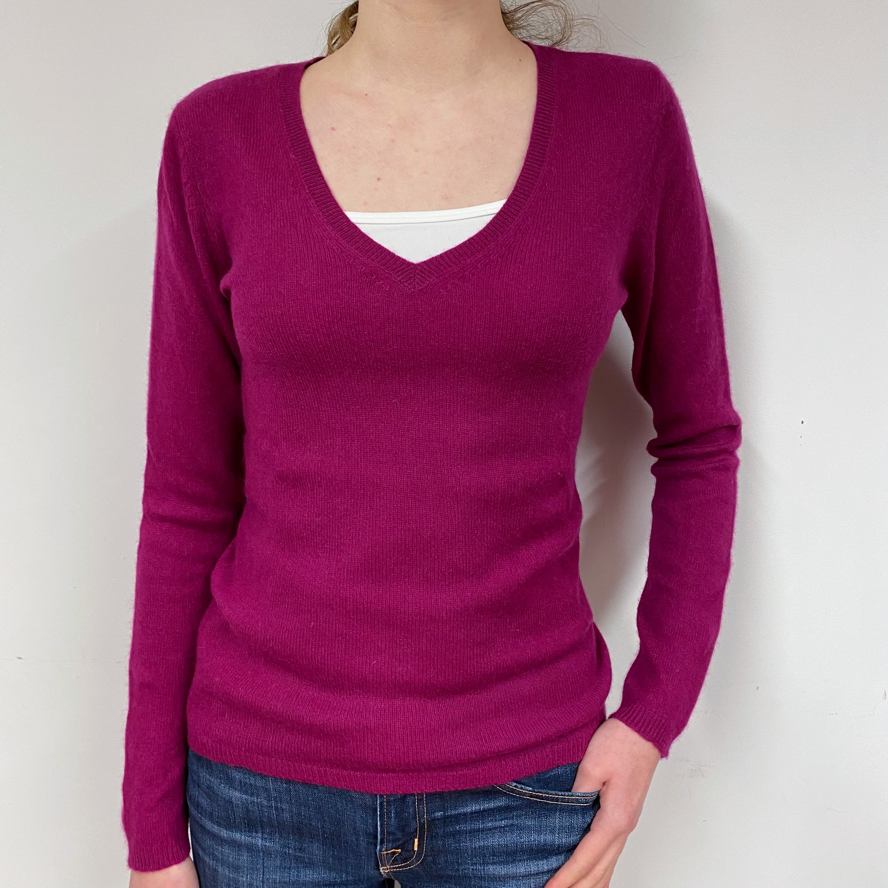 Deep Magenta Pink Cashmere V-Neck Jumper Extra Small
