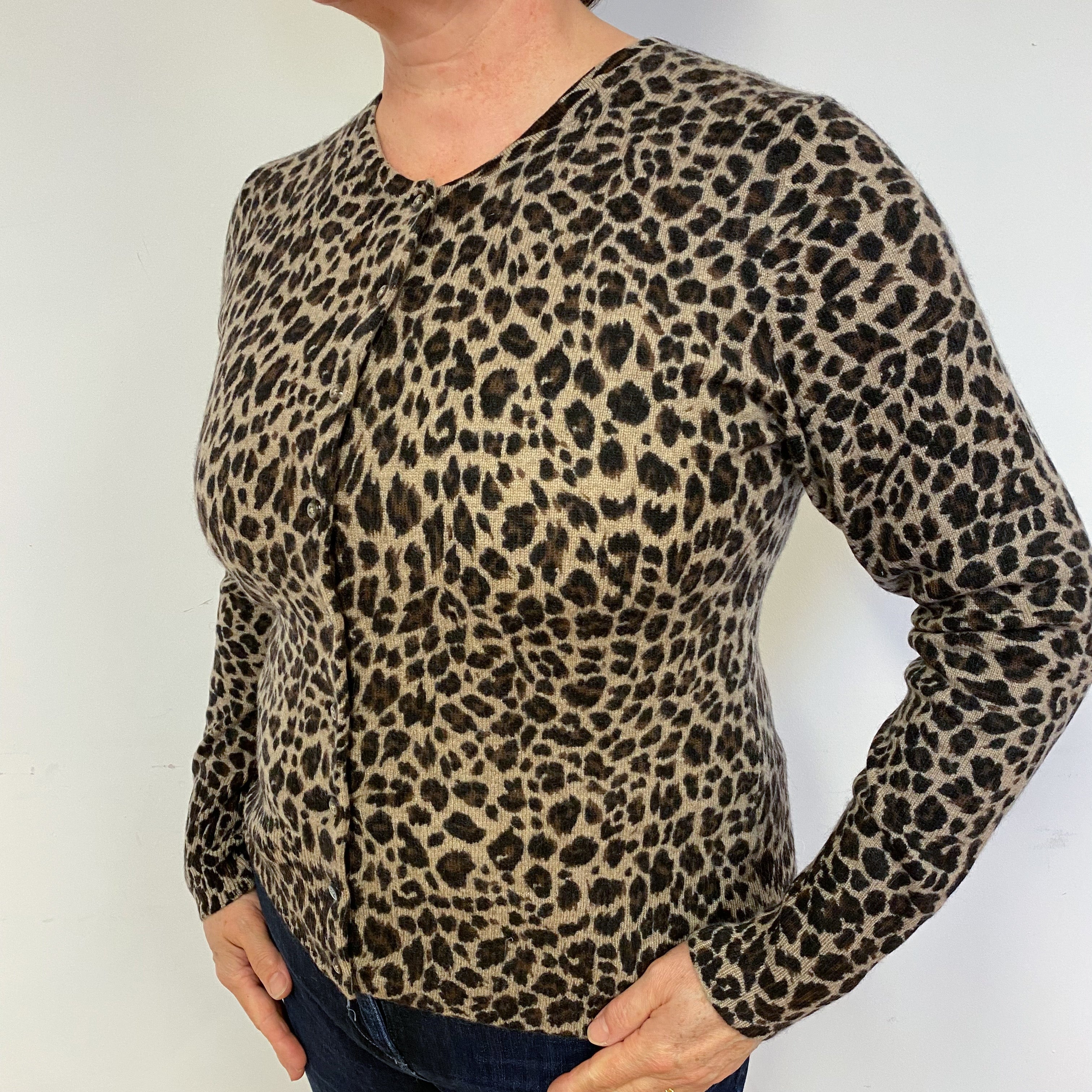 Brown Leopard Print Cashmere Crew Neck Cardigan Large