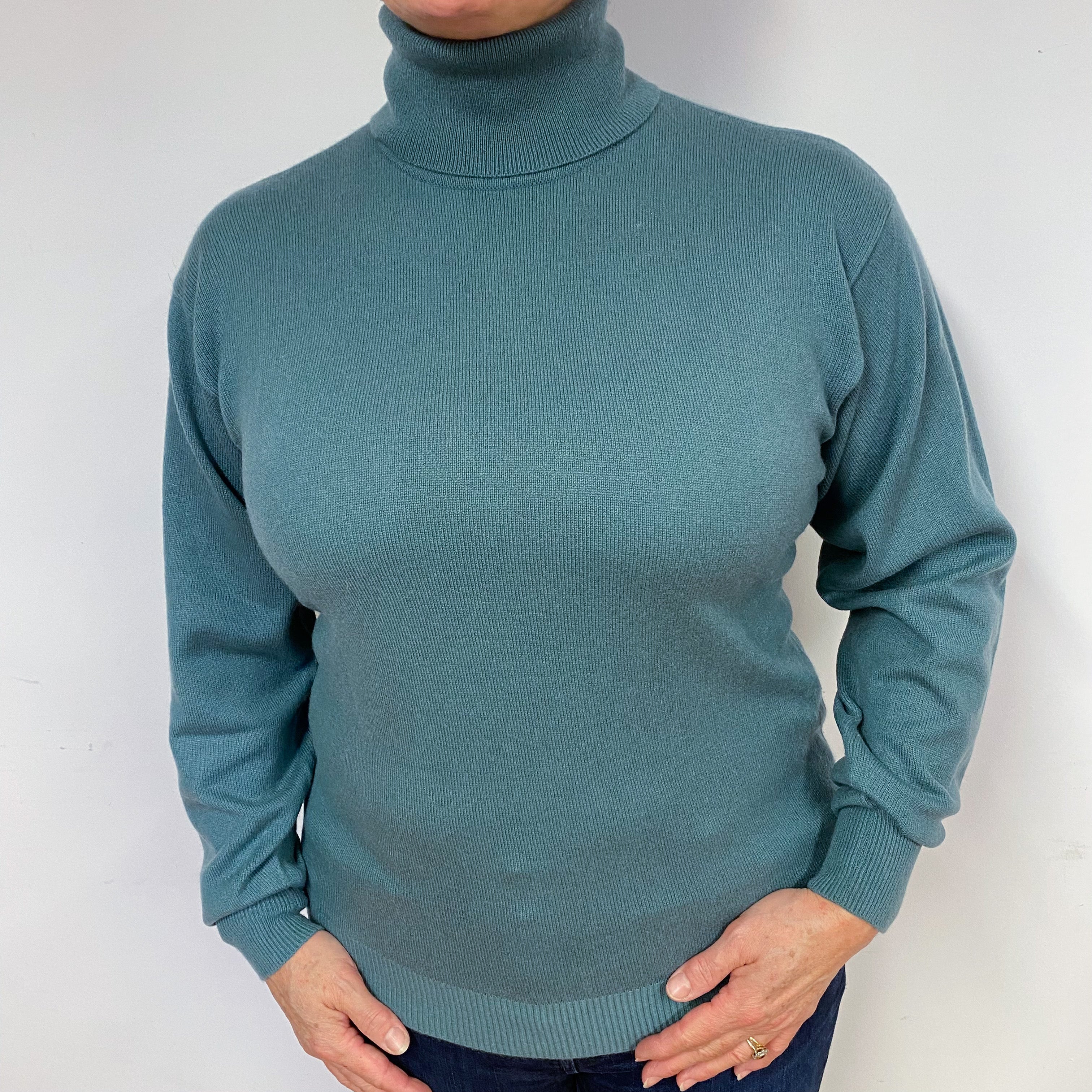 Sea Green Cashmere Polo Neck Jumper Large