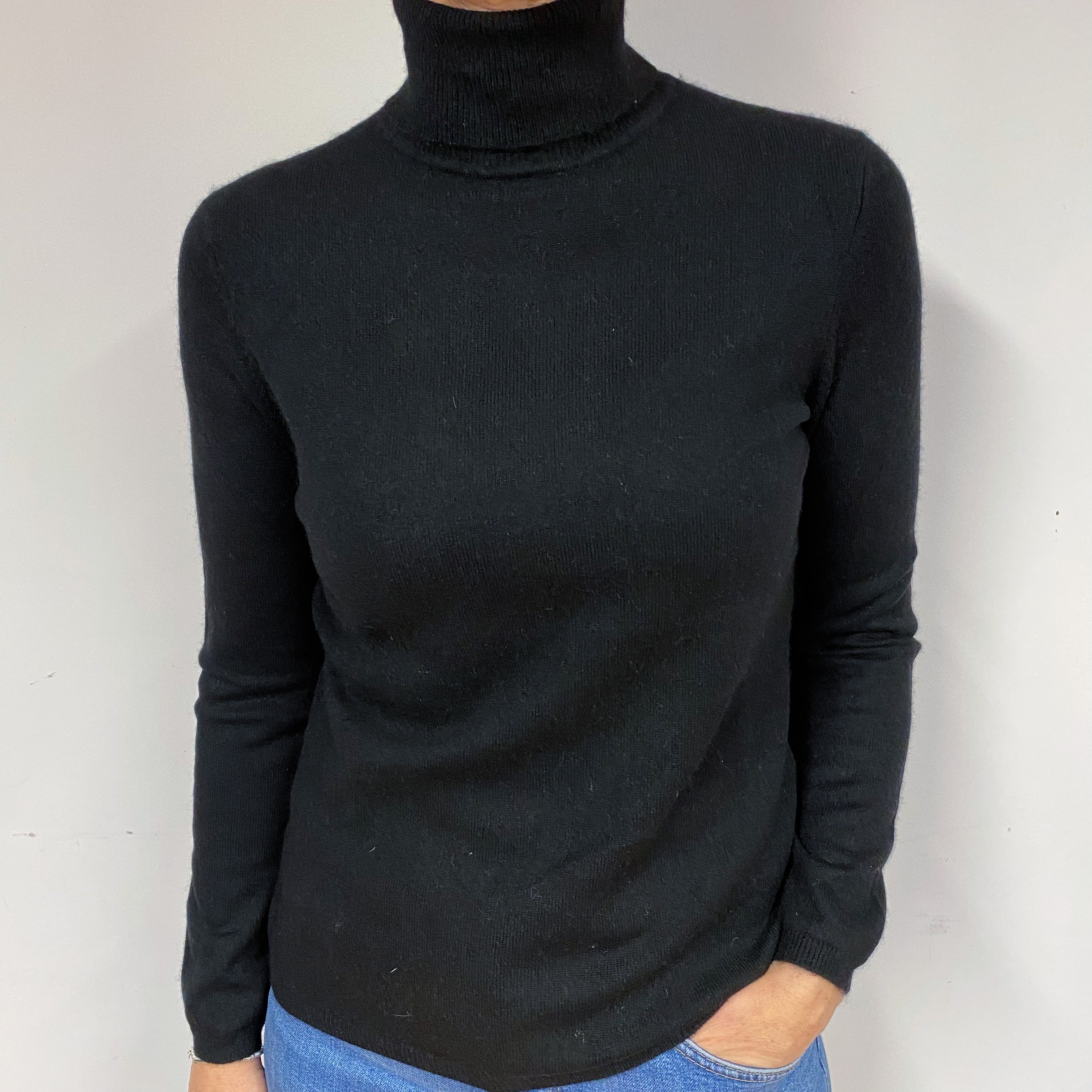 Slim Black Cashmere Polo Neck Jumper Medium
