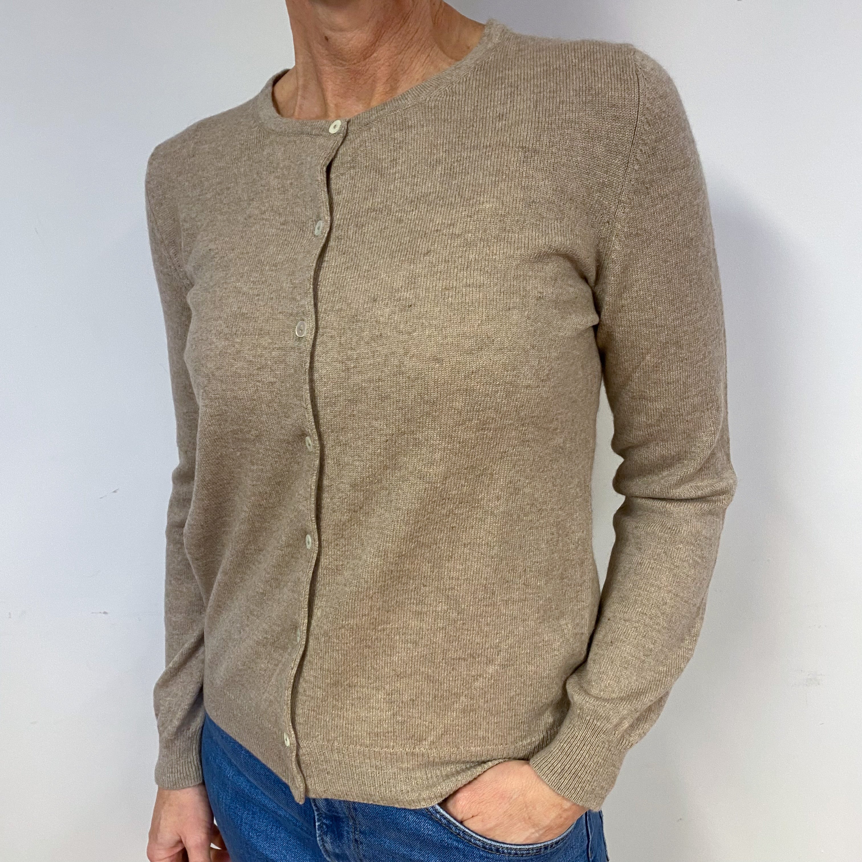 Mink Brown Cashmere Crew Neck Cardigan Medium