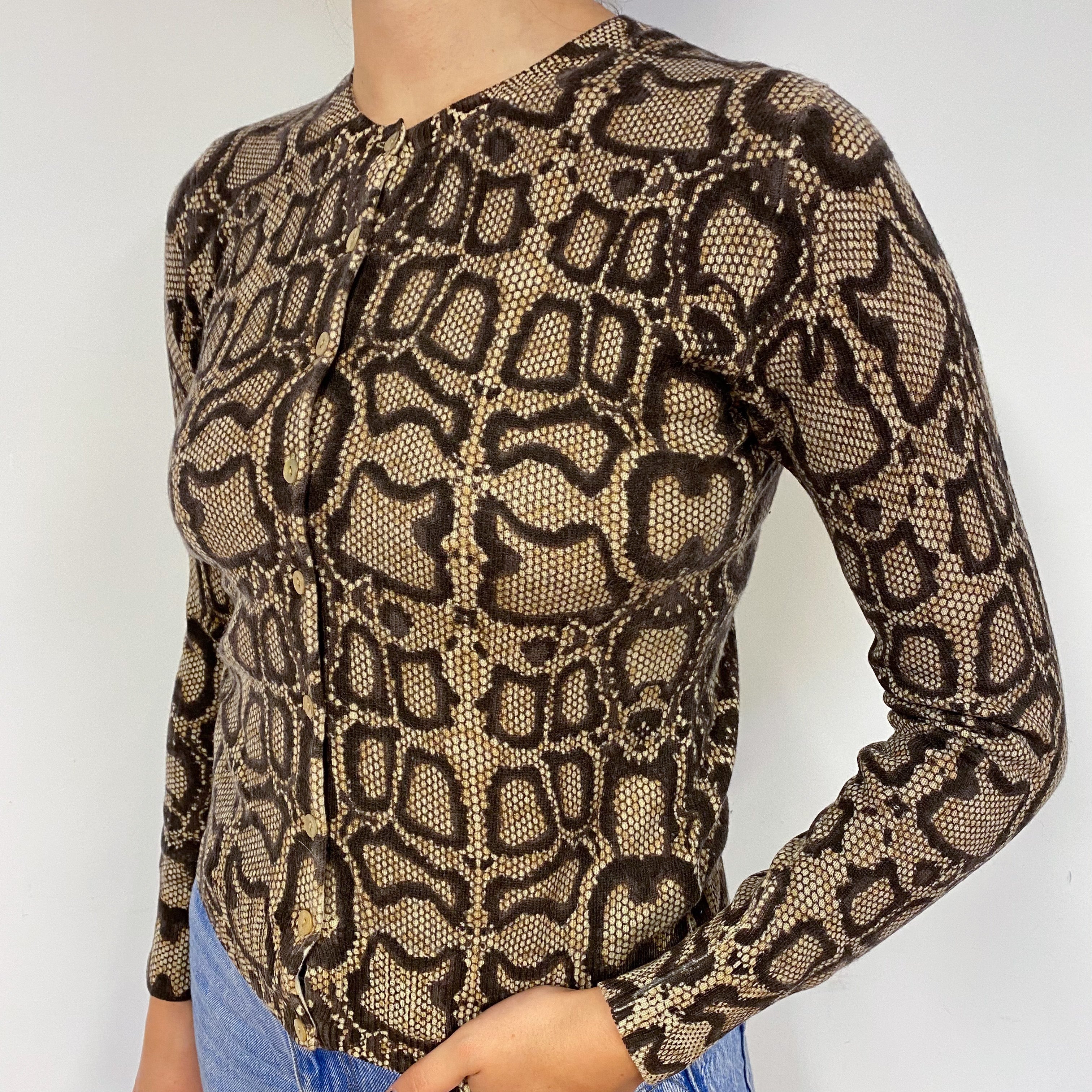 Brown Snake Print Cashmere Crew Neck Cardigan Small