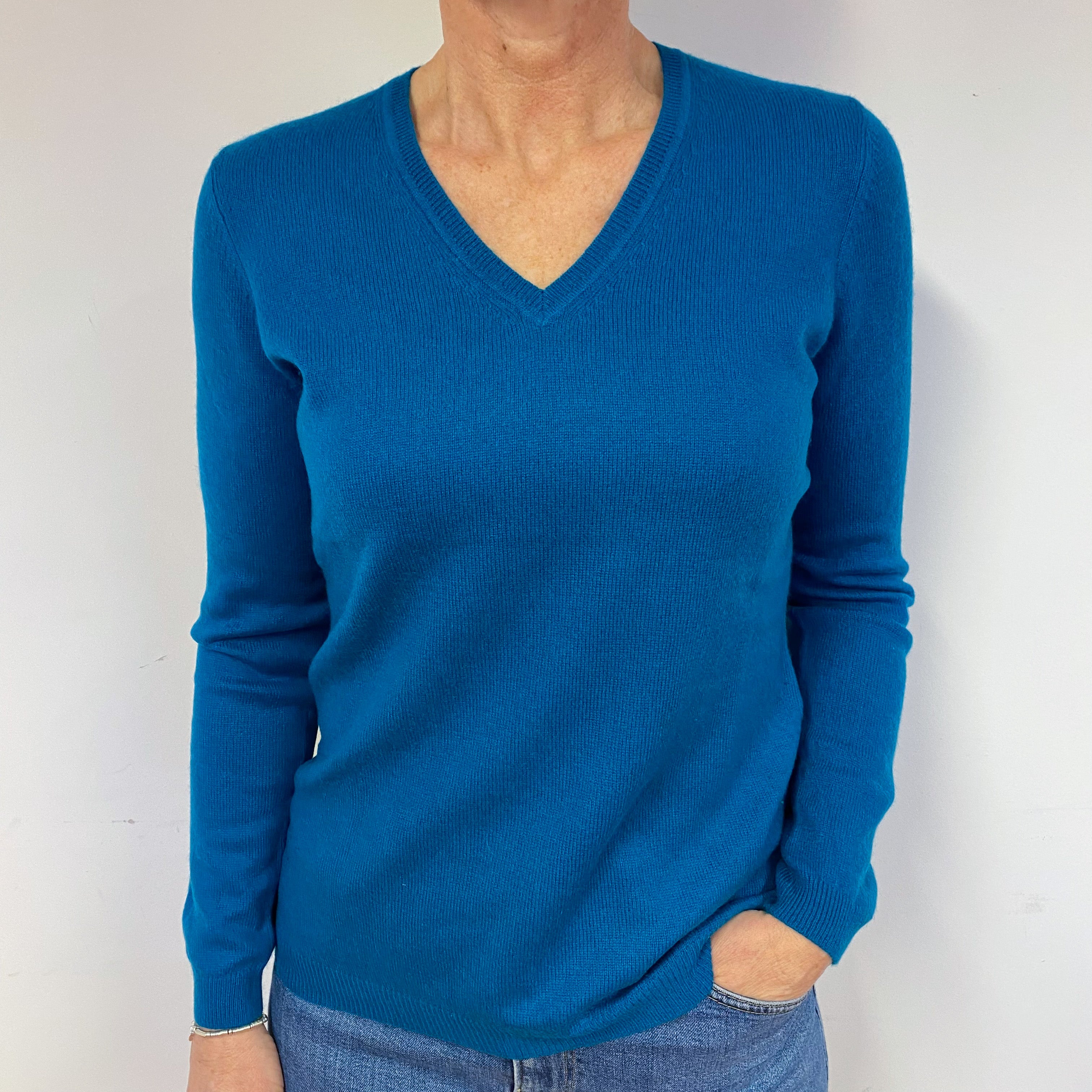 Teal Blue Cashmere V-Neck Jumper Medium