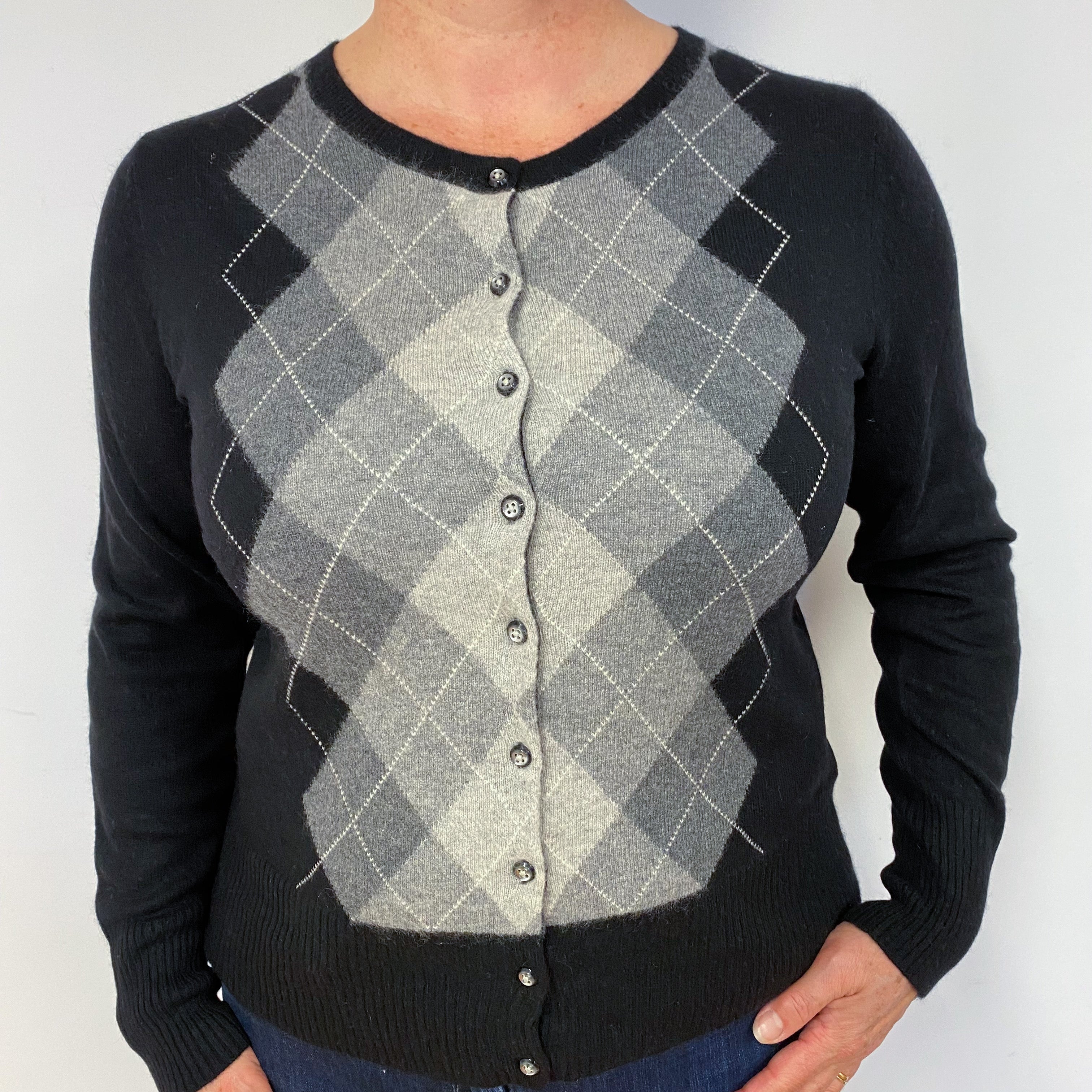 Black & Grey Diamond Cashmere Cardigan Large