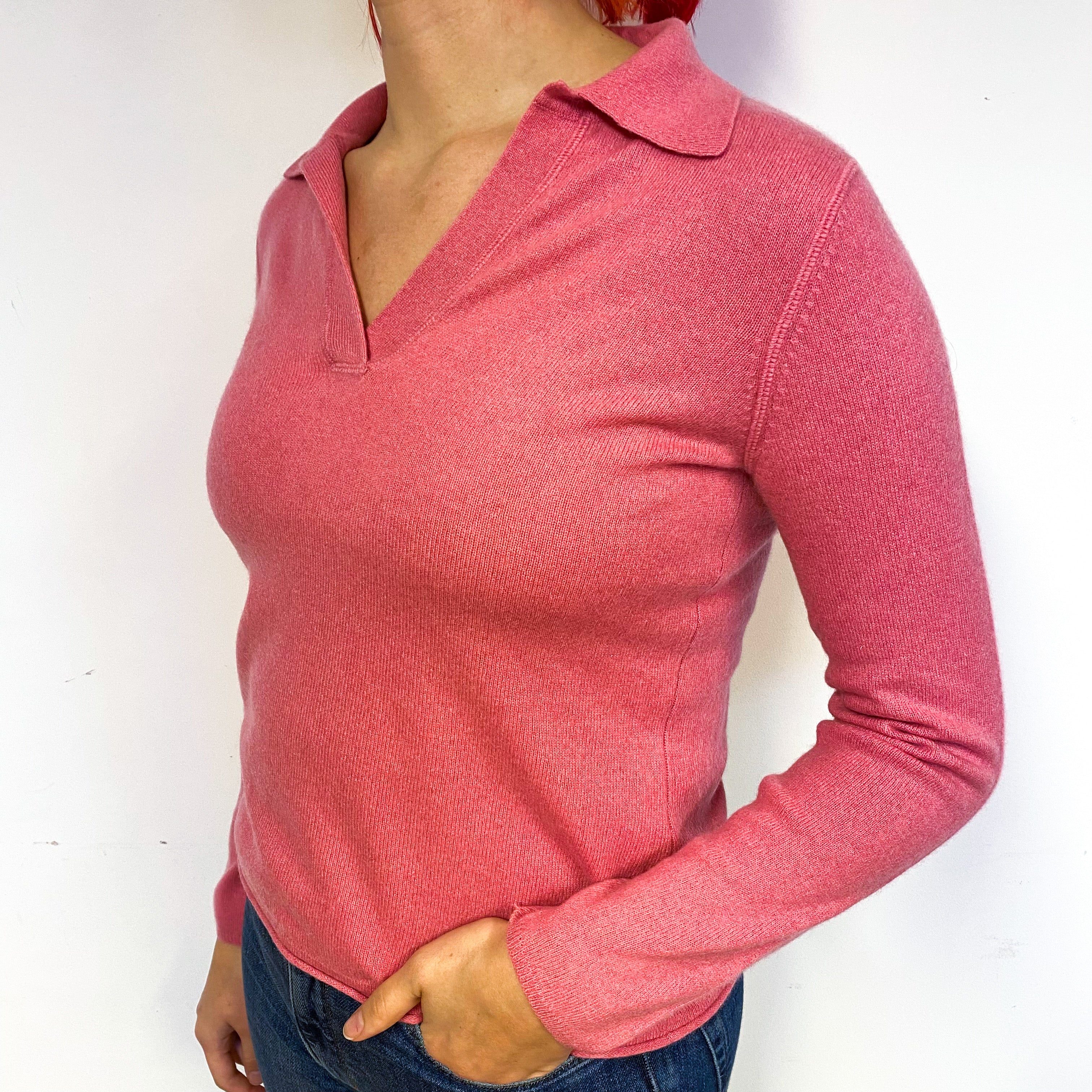 Deep Blush Pink Cashmere Collared V-Neck Jumper Small