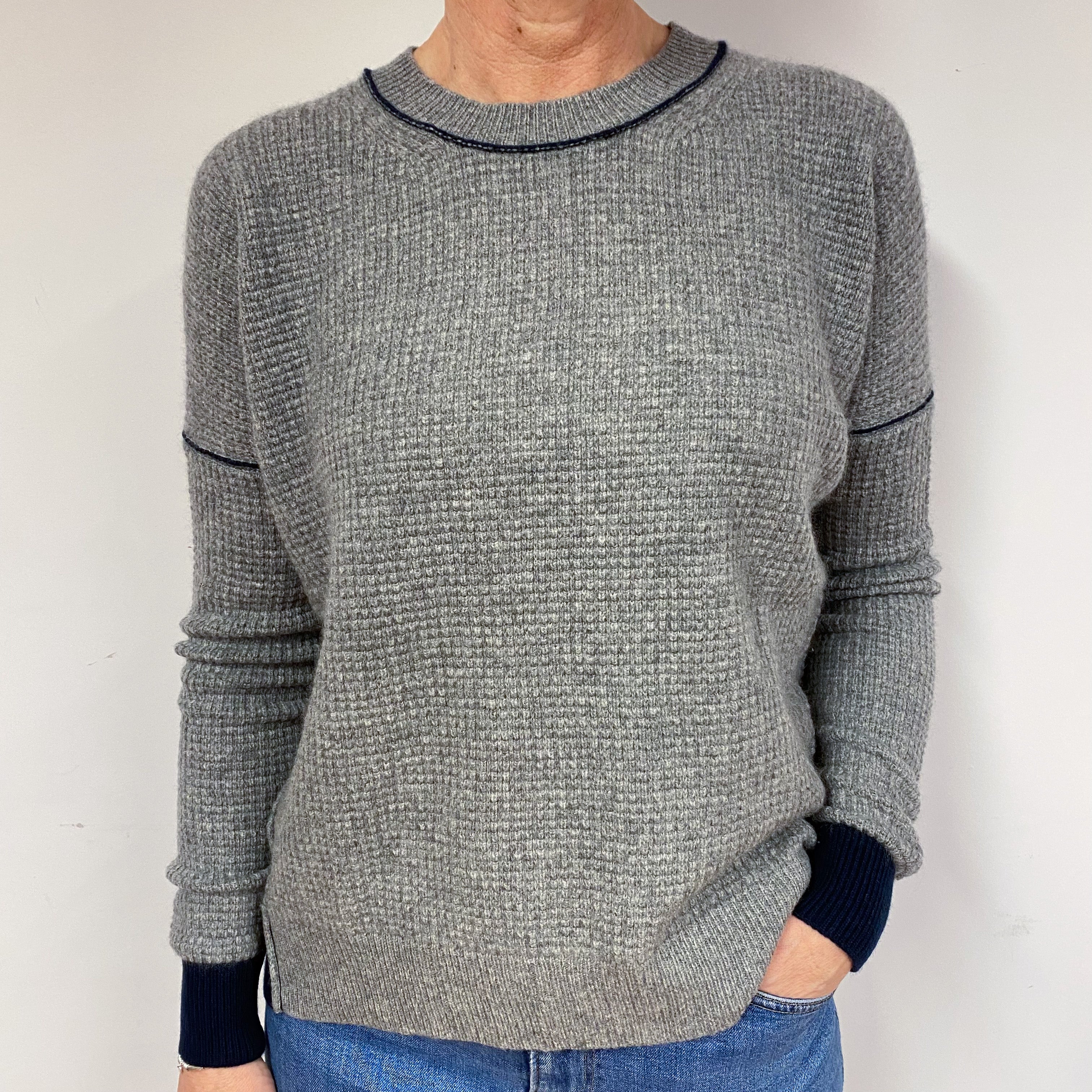 Slouchy Grey Waffle Cashmere Crew Neck Jumper Medium