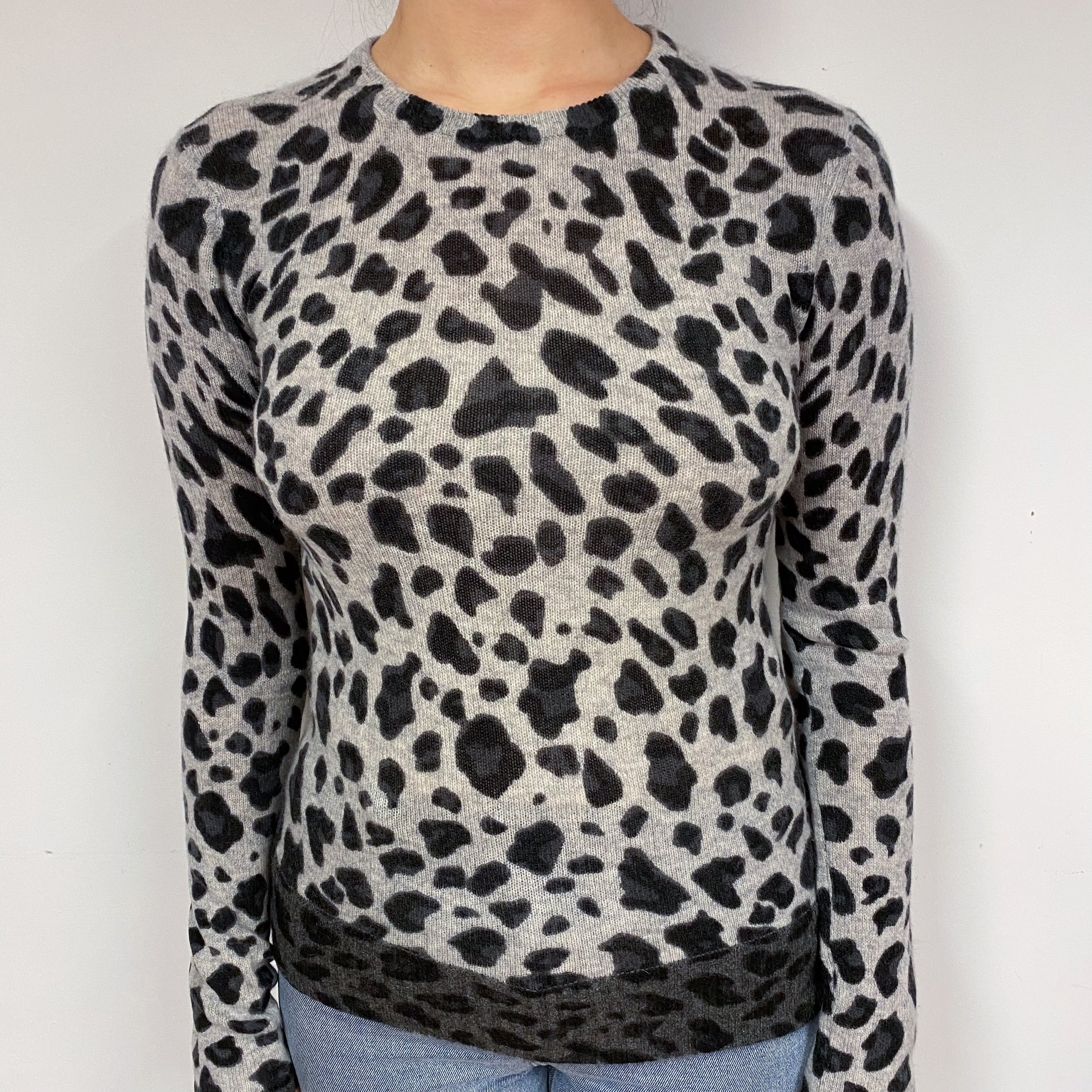 Grey Animal Print Cashmere Crew Neck Jumper Small