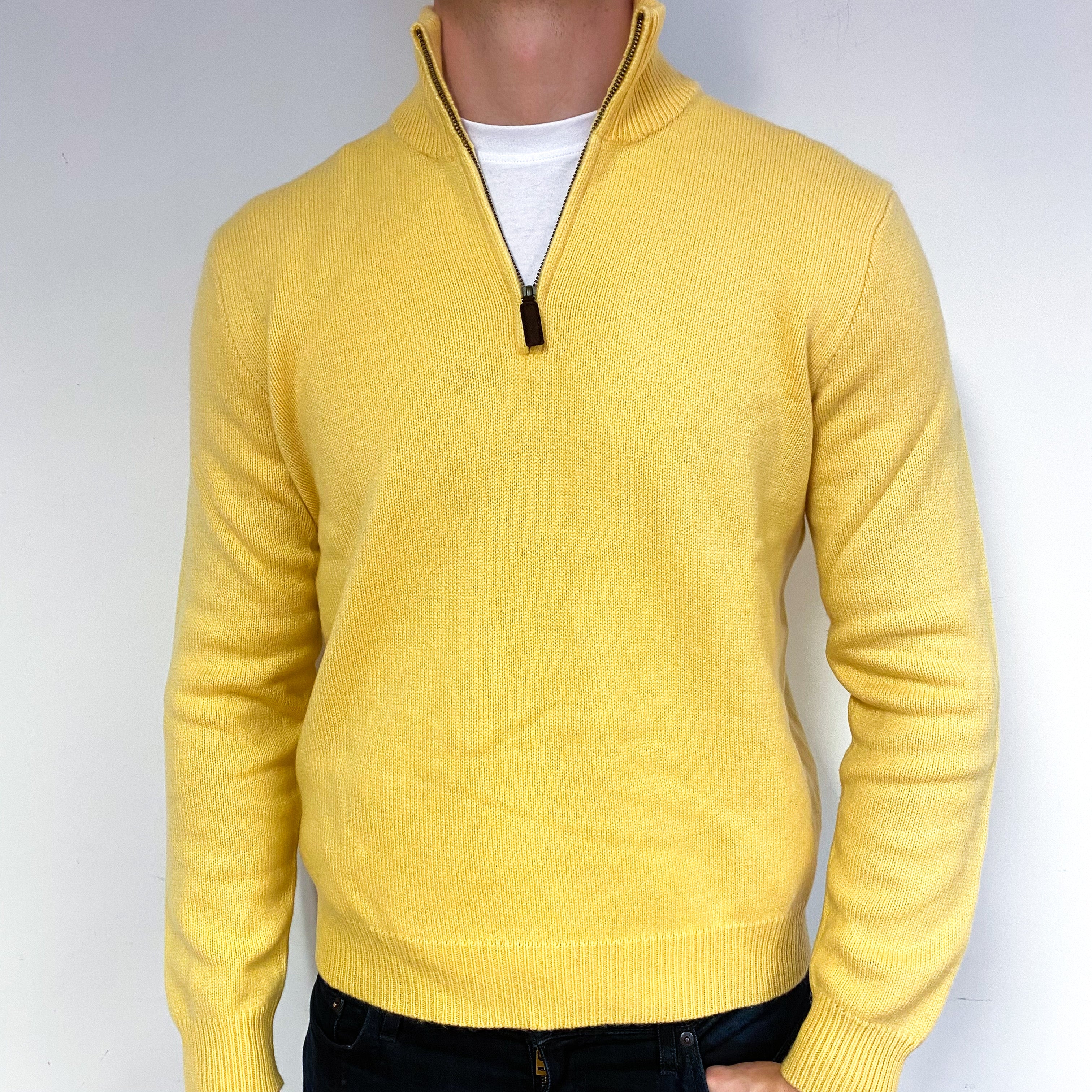 Men's Vintage Ralph Lauren Yellow Cashmere 1/4 Zip Jumper Extra Large