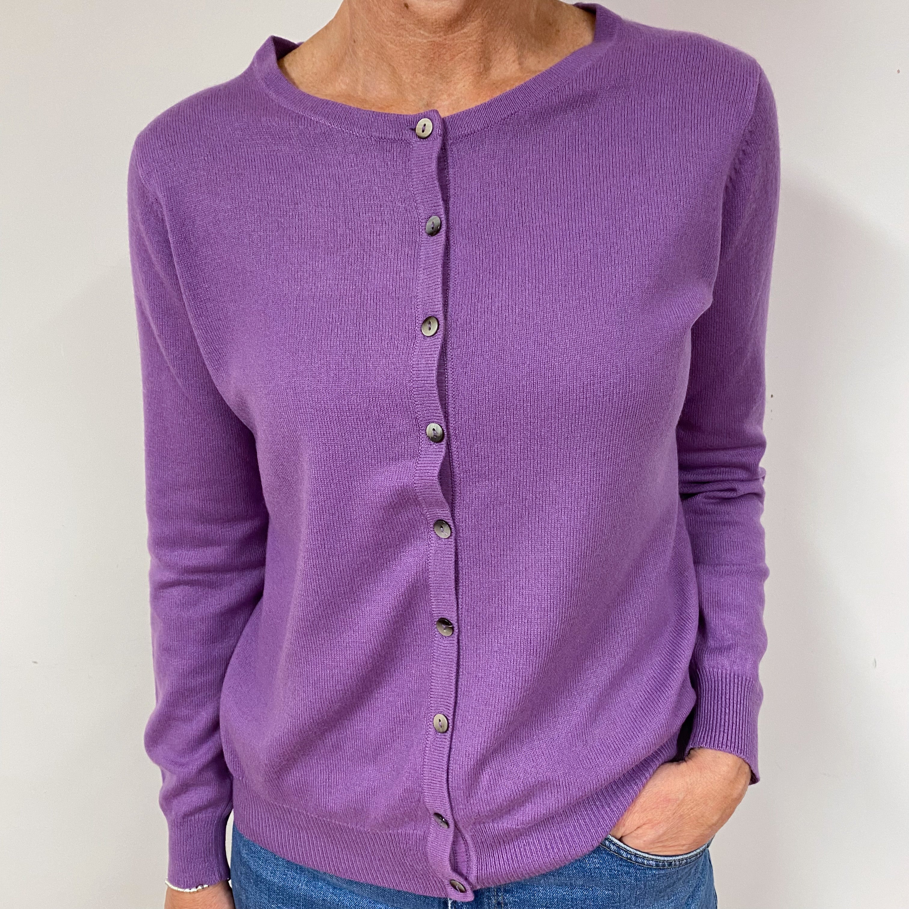 Wisteria Purple Cashmere Crew Neck Cardigan Medium