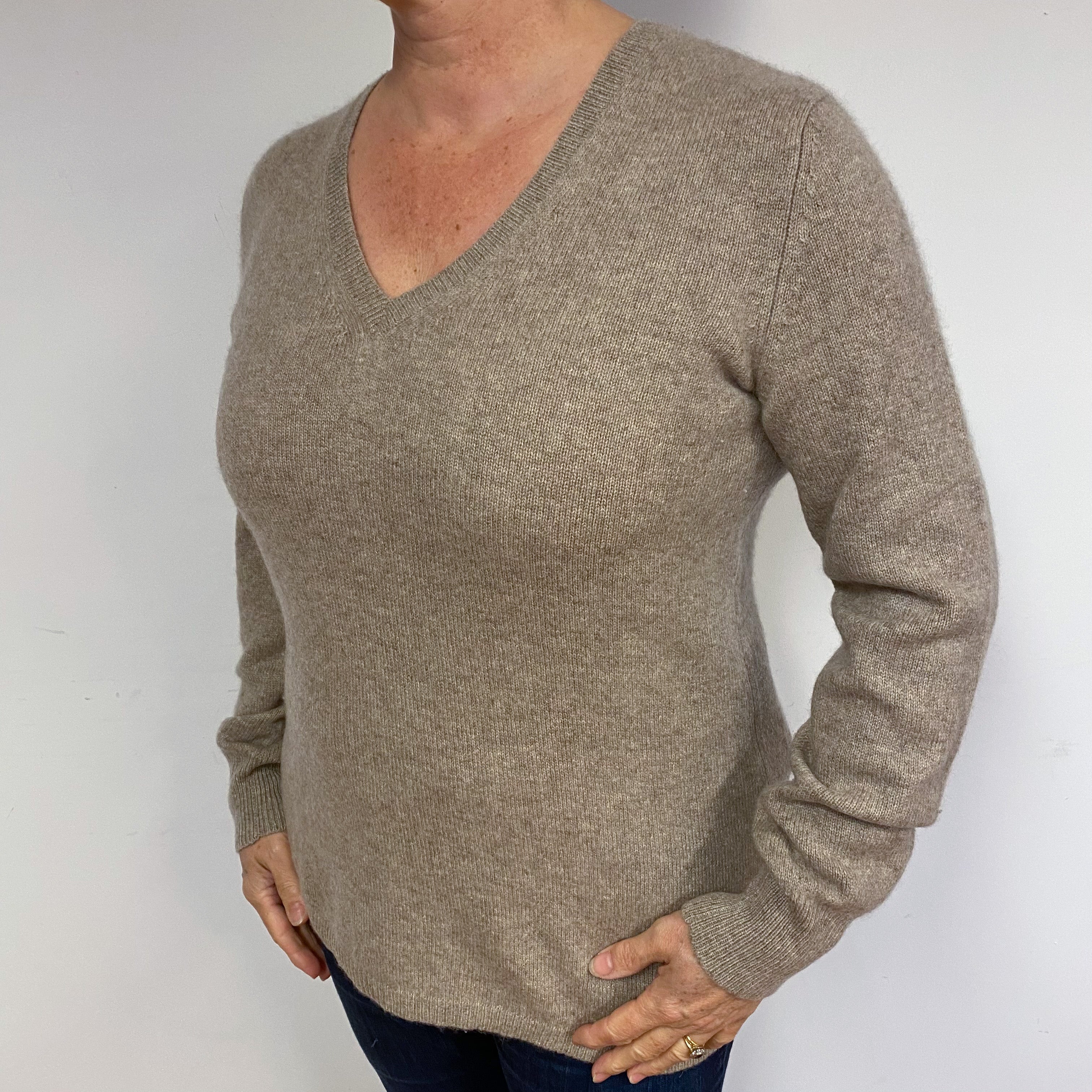 Latte Beige Chunky Cashmere V-Neck Jumper Large