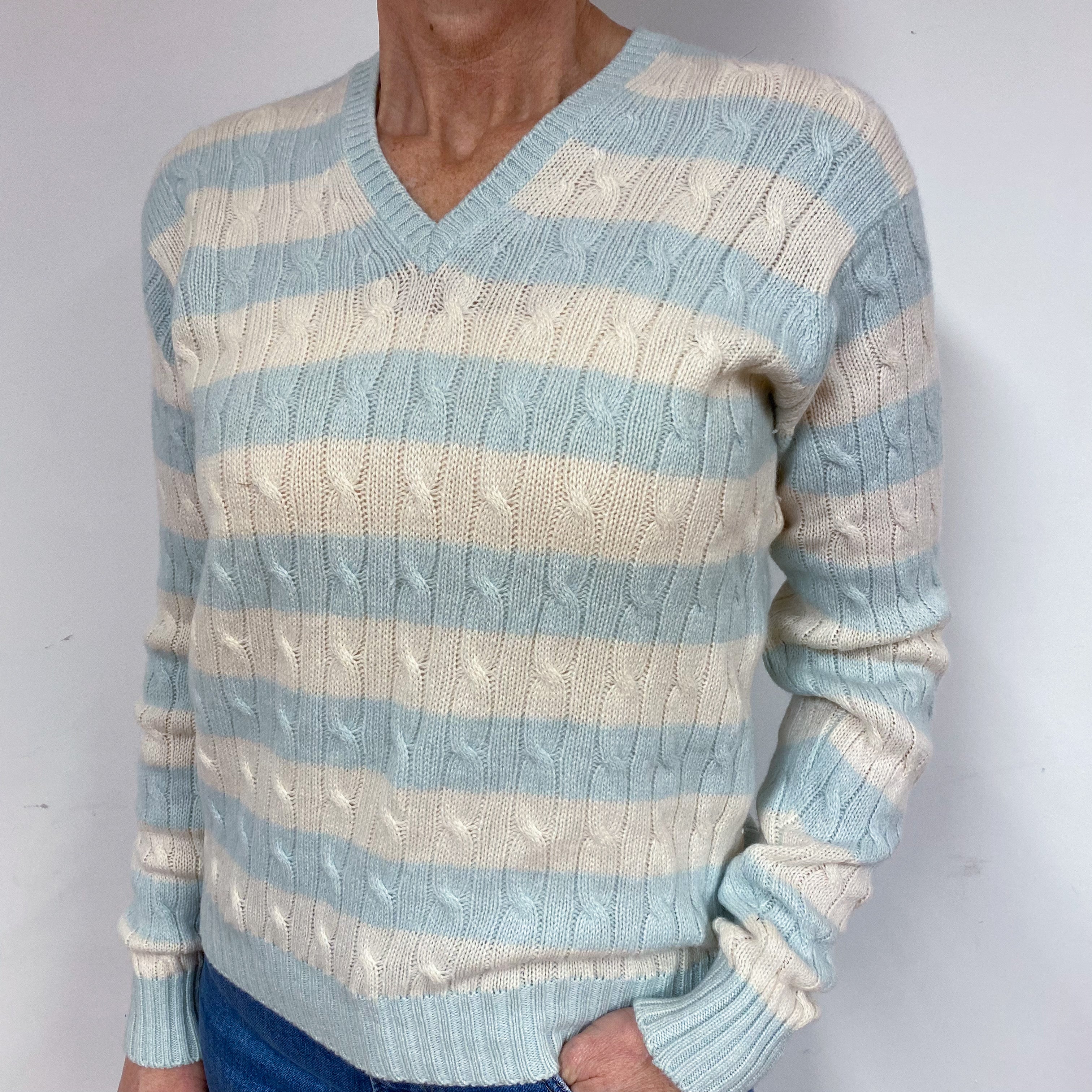 Mint Green and Cream Stripe Cashmere V-Neck Jumper Medium