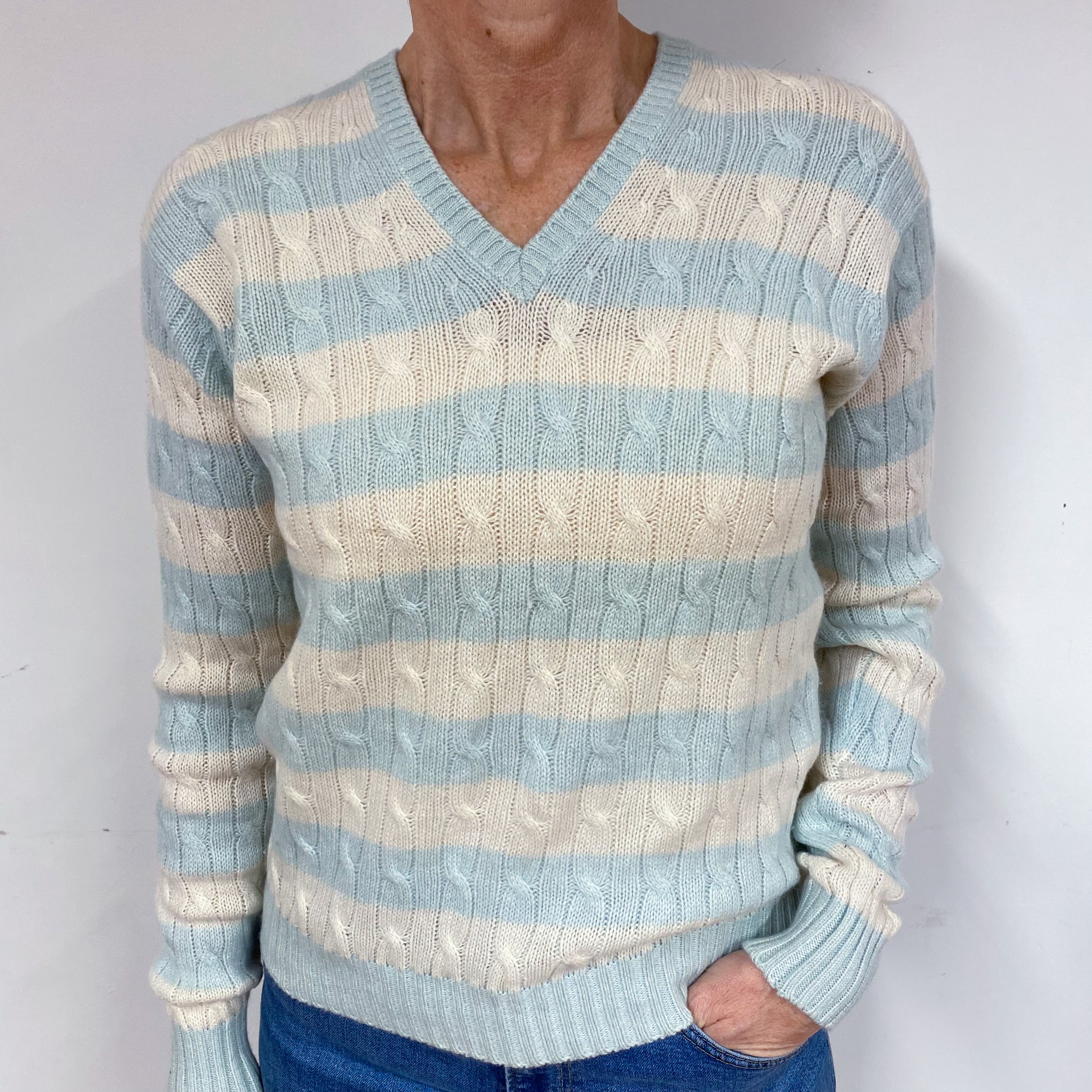 Mint Green and Cream Stripe Cashmere V-Neck Jumper Medium
