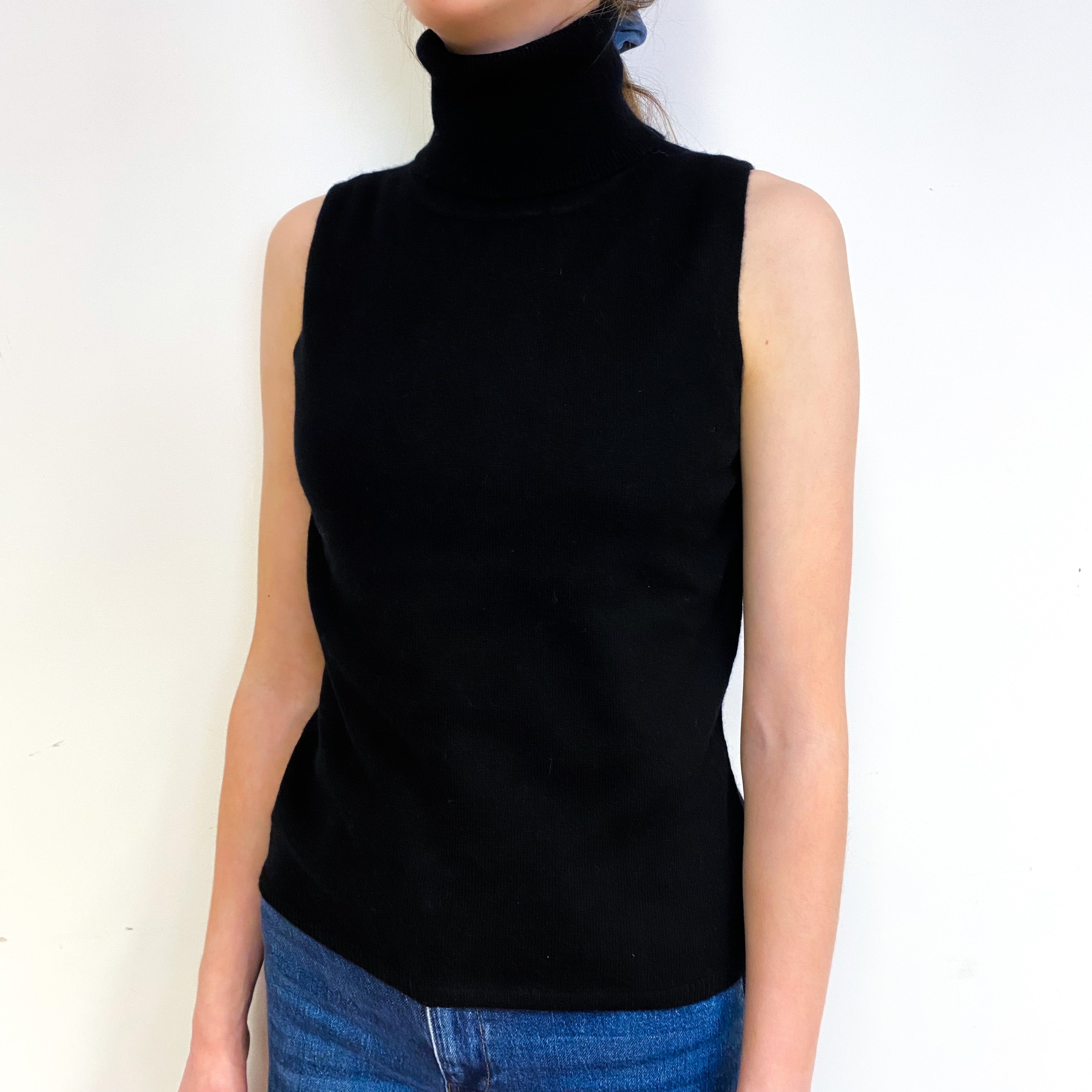 Black Sleeveless Cashmere Polo Neck Jumper Extra Small