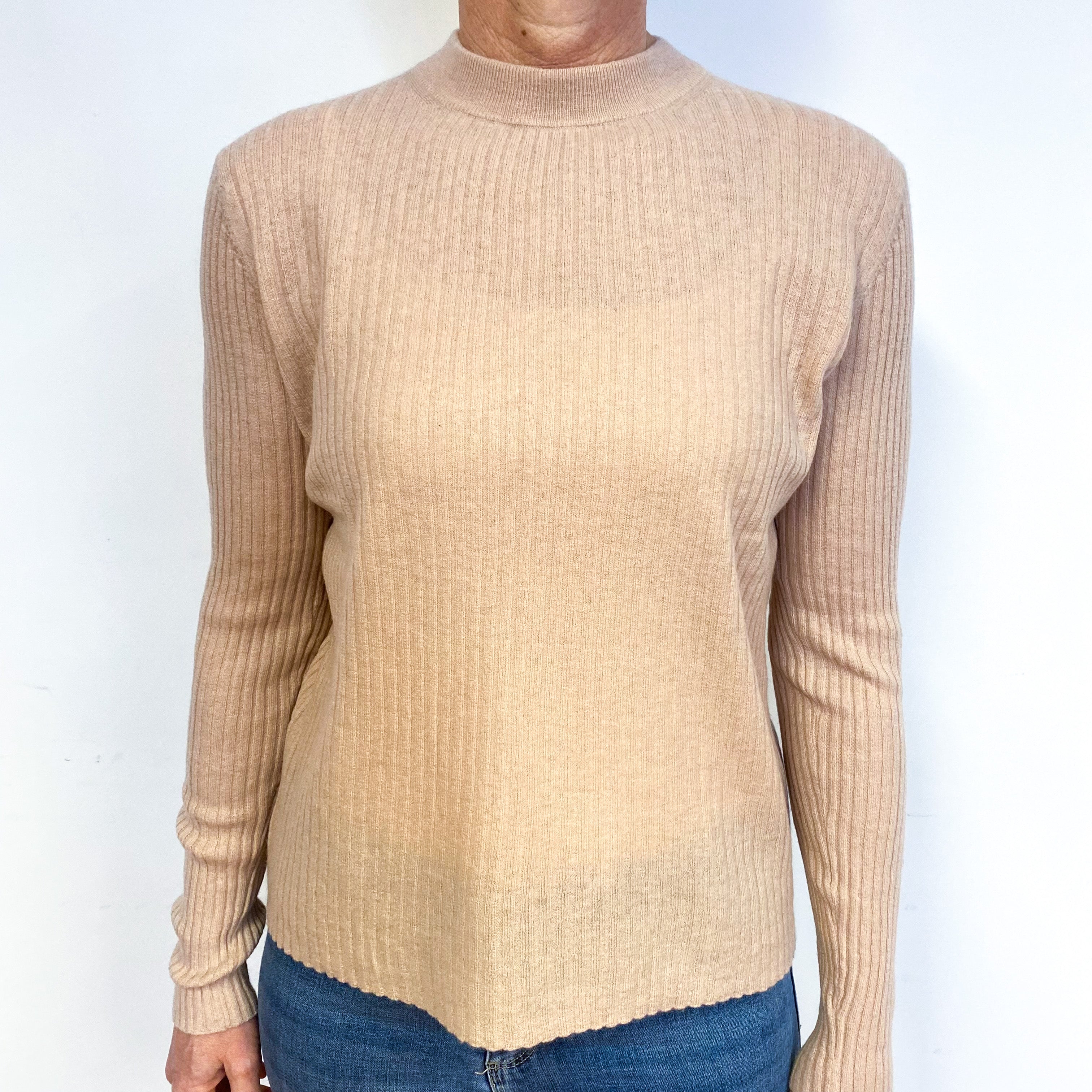 Nude Pink Ribbed Fine Knit Cashmere Crew Neck Jumper Medium