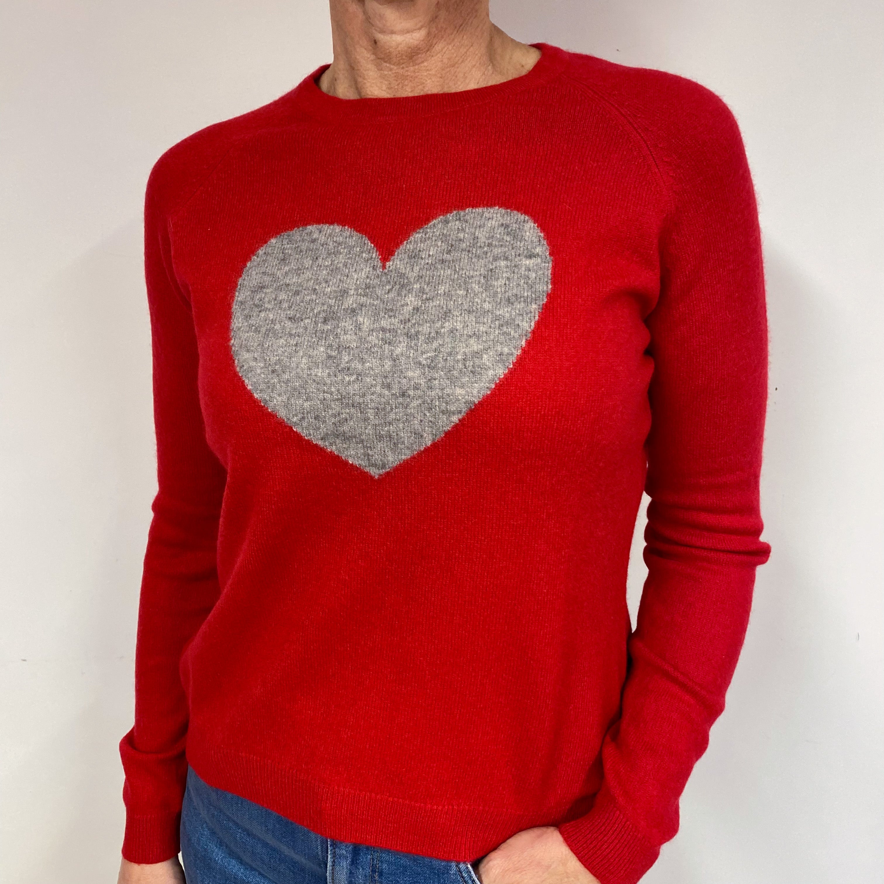 Red Grey Heart Cashmere Crew Neck Jumper Medium