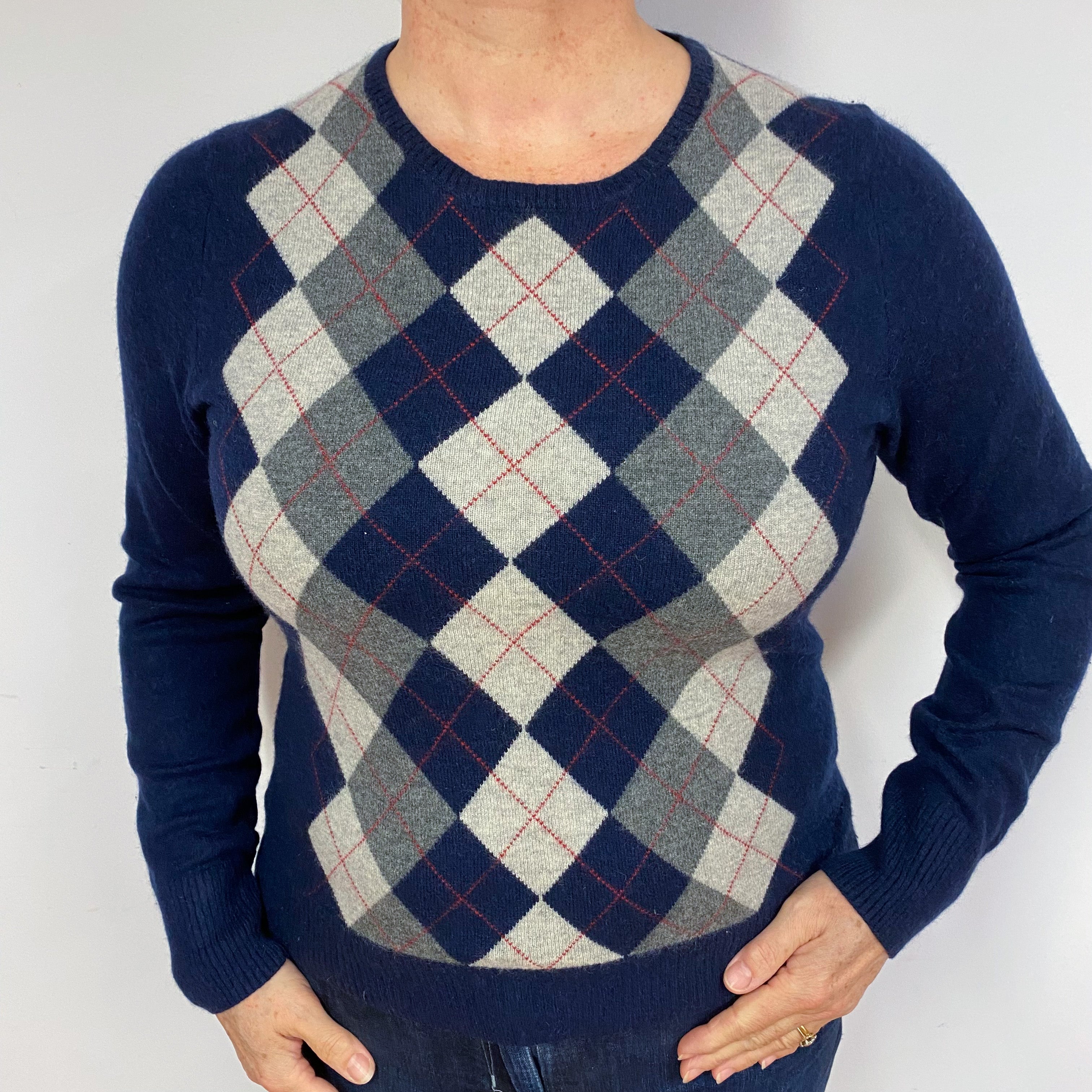 Navy Grey Diamond Cashmere Crew Neck Jumper Large