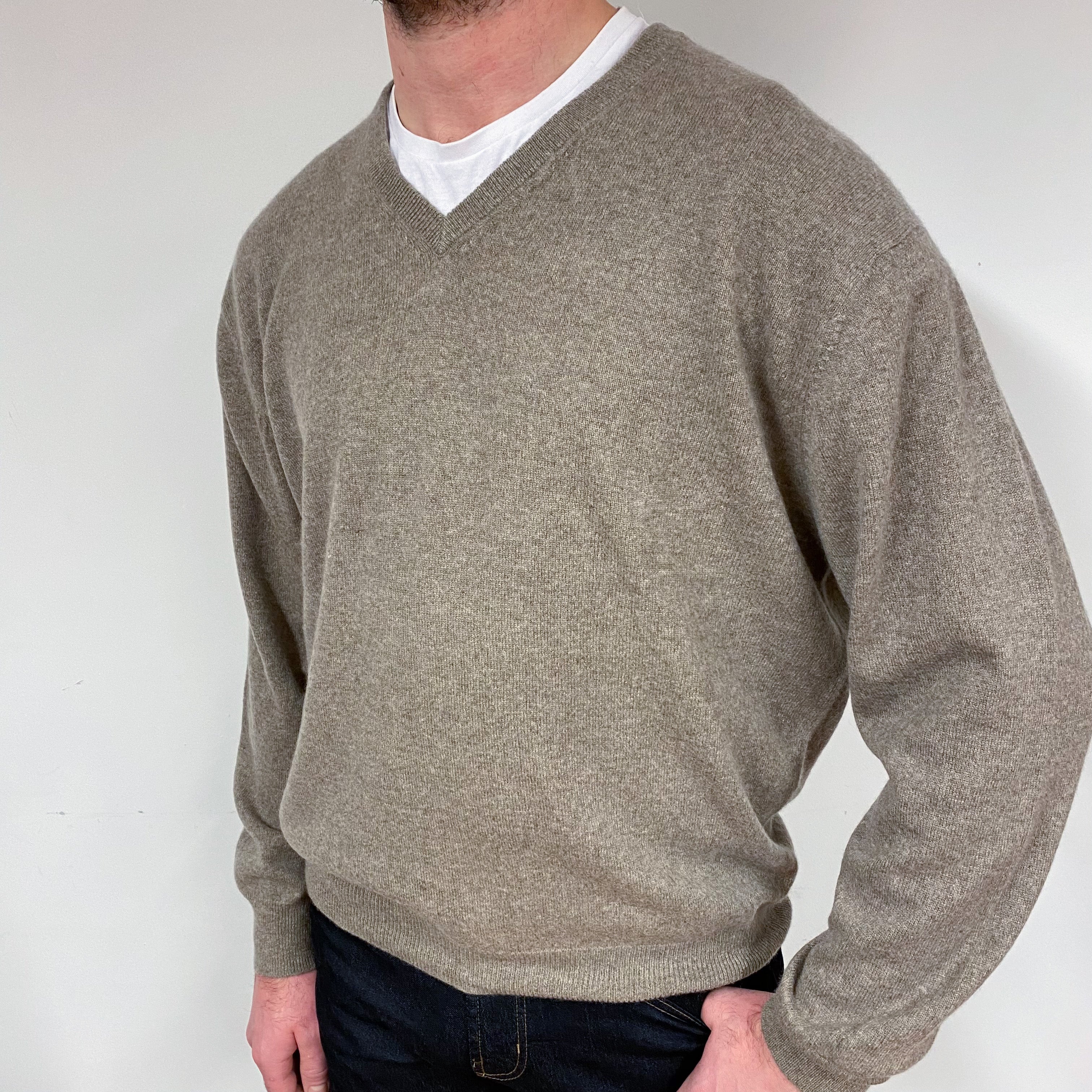 Men's Taupe Brown Cashmere V-Neck Jumper Extra Large