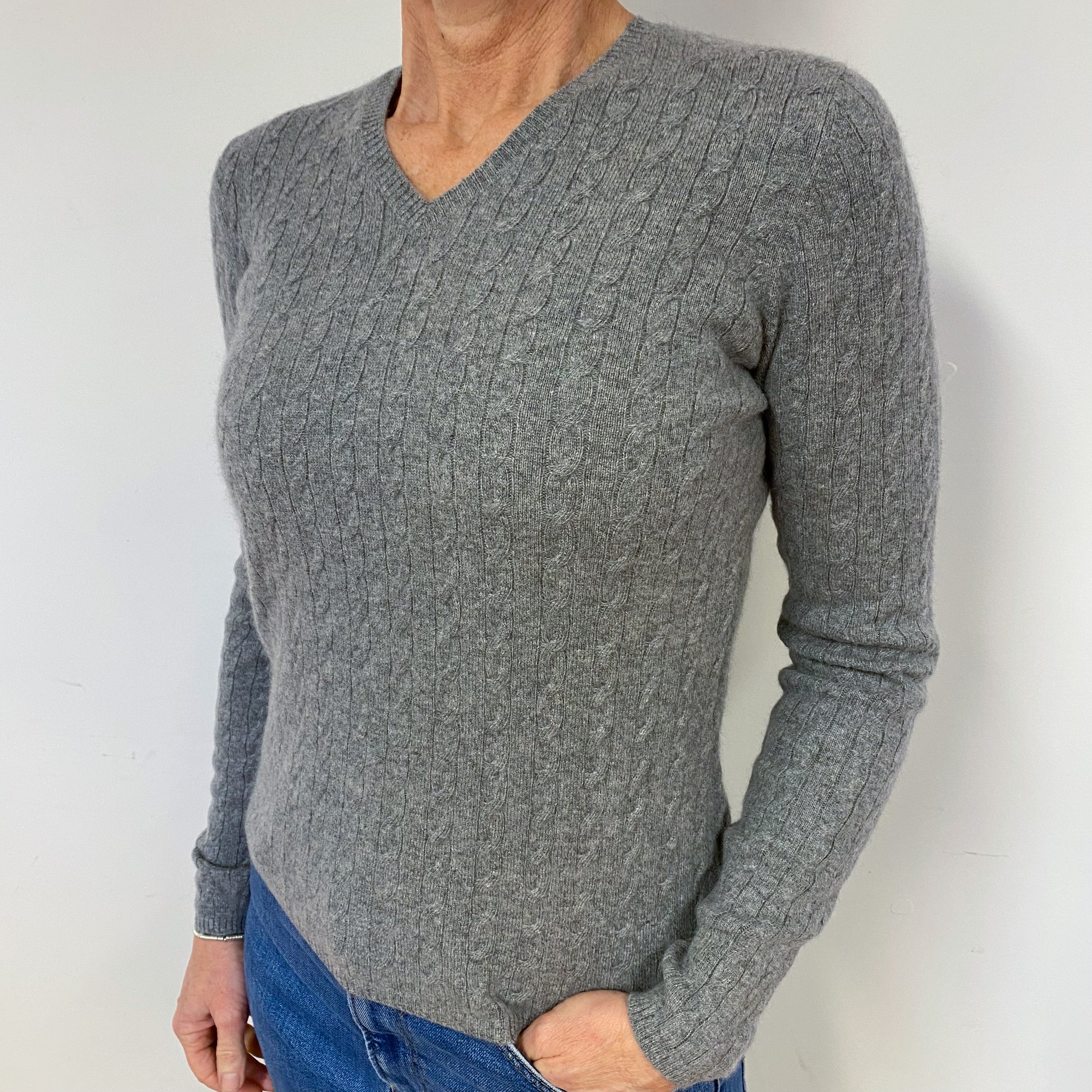 Steel Grey Cable Cashmere V-Neck Jumper Medium