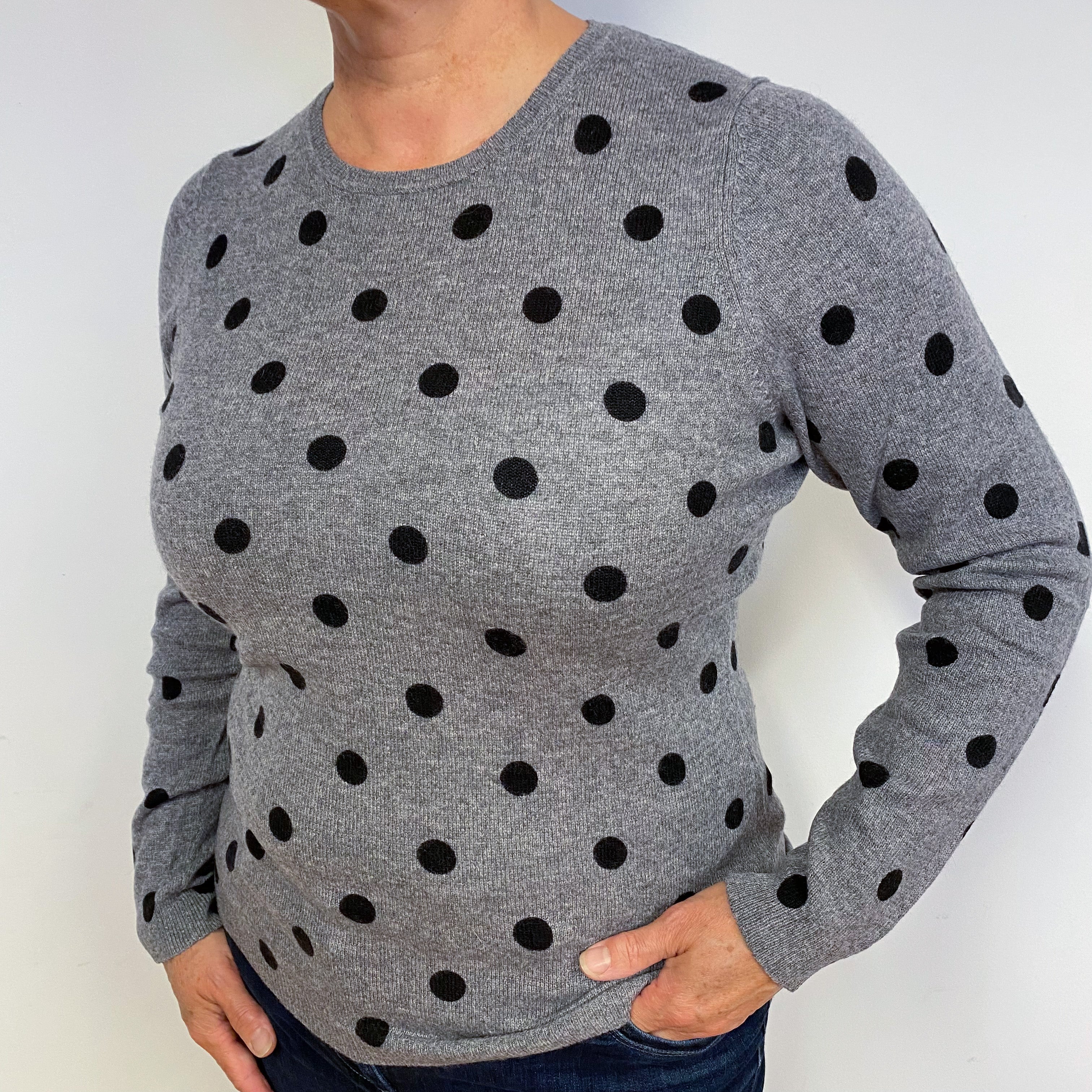 Lightweight Grey Polka Dot Cashmere Crew Neck Jumper